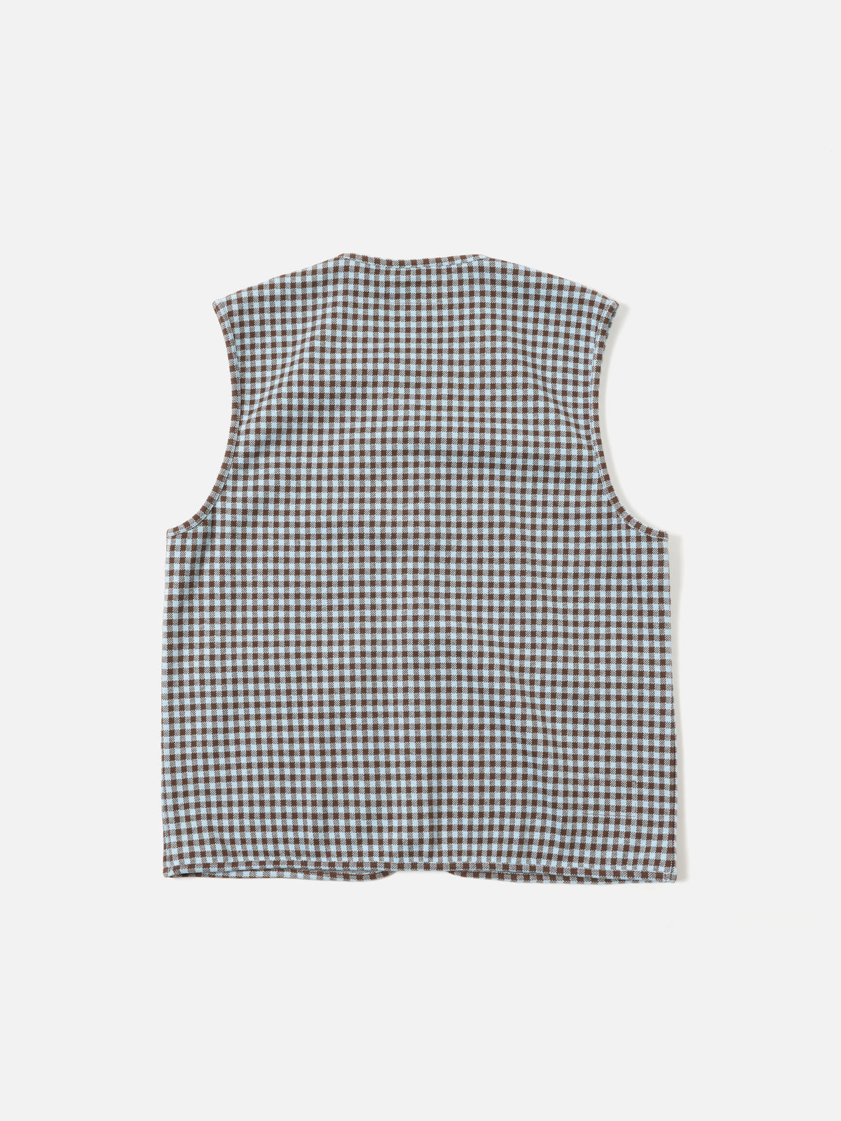 Universal Works Zip Gilet in Brown/Sky Gingham Cotton