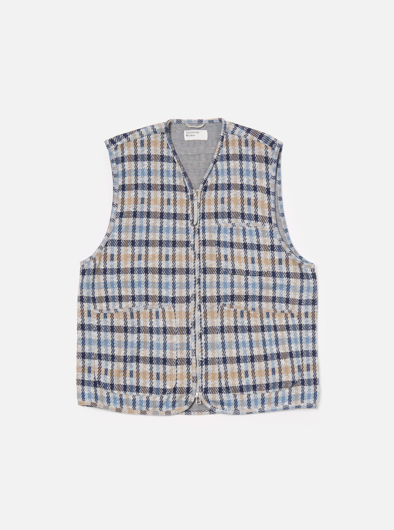 Universal Works Zip Gilet in Brown/Blue Summer Check