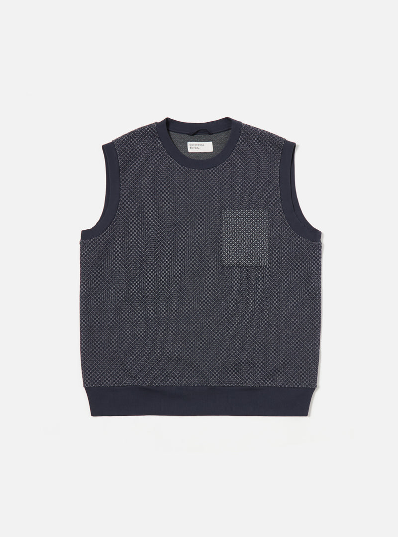 Universal Works Sleeveless Crew in Navy Cotton Mix Fleece