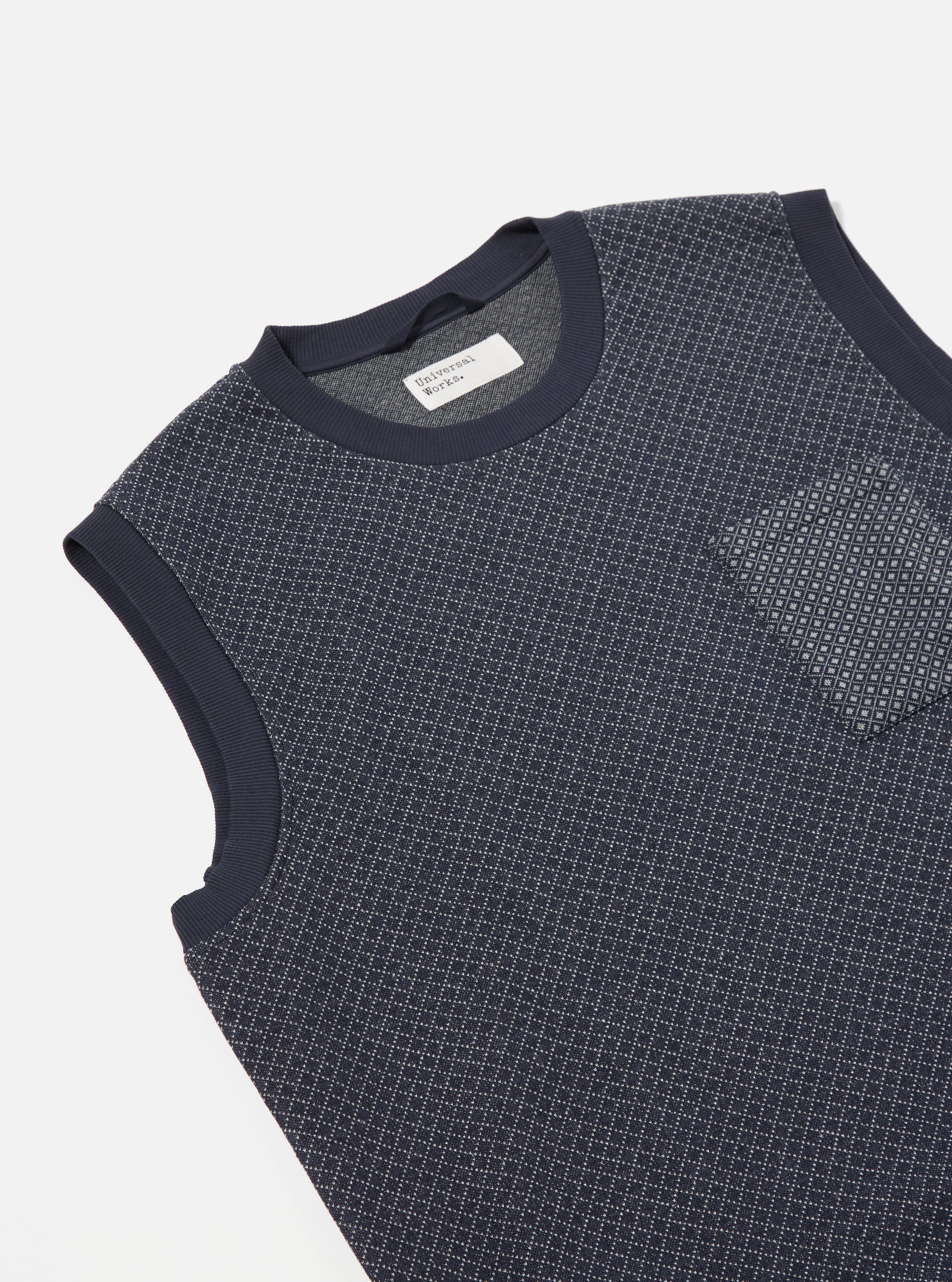 Universal Works Sleeveless Crew in Navy Cotton Mix Fleece