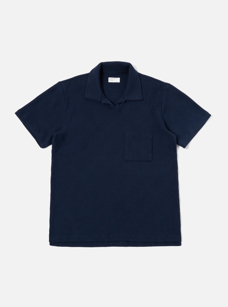 Universal Works Vacation Polo in Bright Navy Fantasy Checkerboard