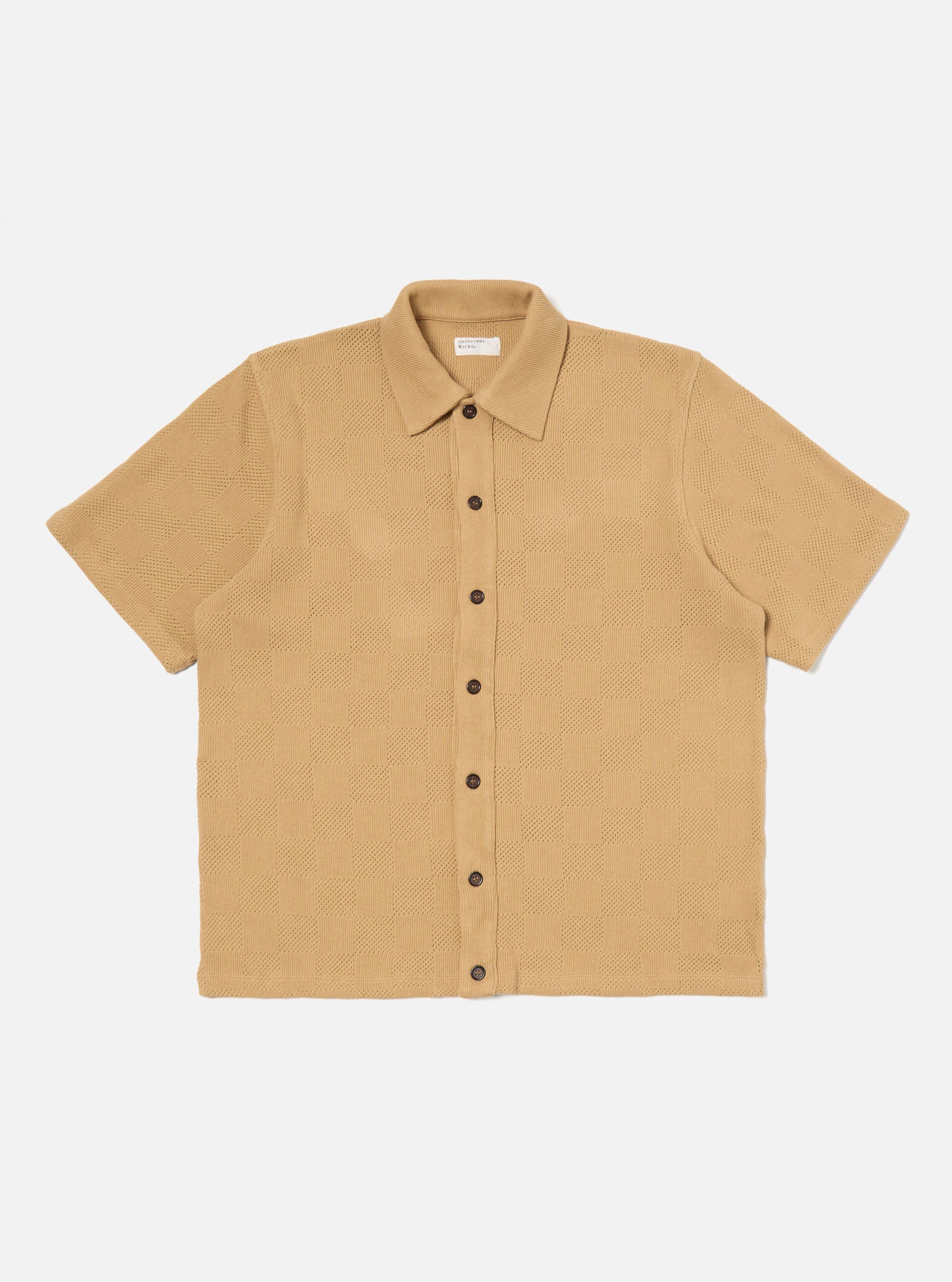 Universal Works Button Through Polo in Sand Fantasy Checkerboard