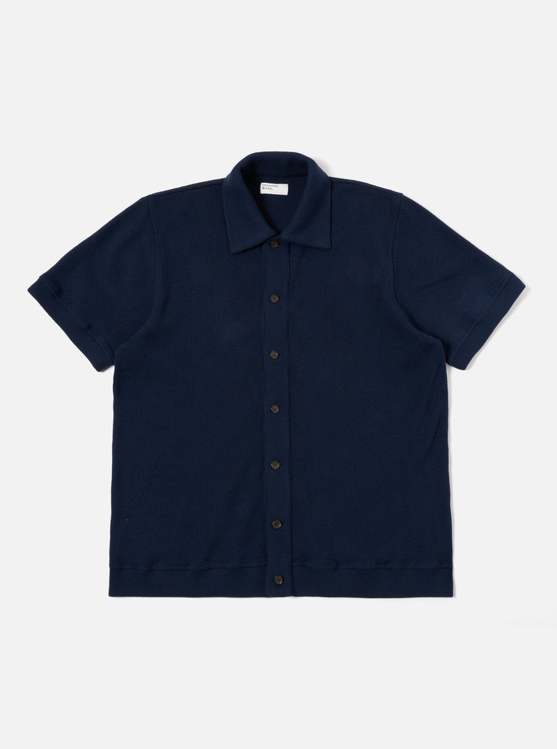 Universal Works Button Through Polo in Bright Navy Fantasy Checkerboard