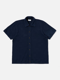 Universal Works Button Through Polo in Bright Navy Fantasy Checkerboard