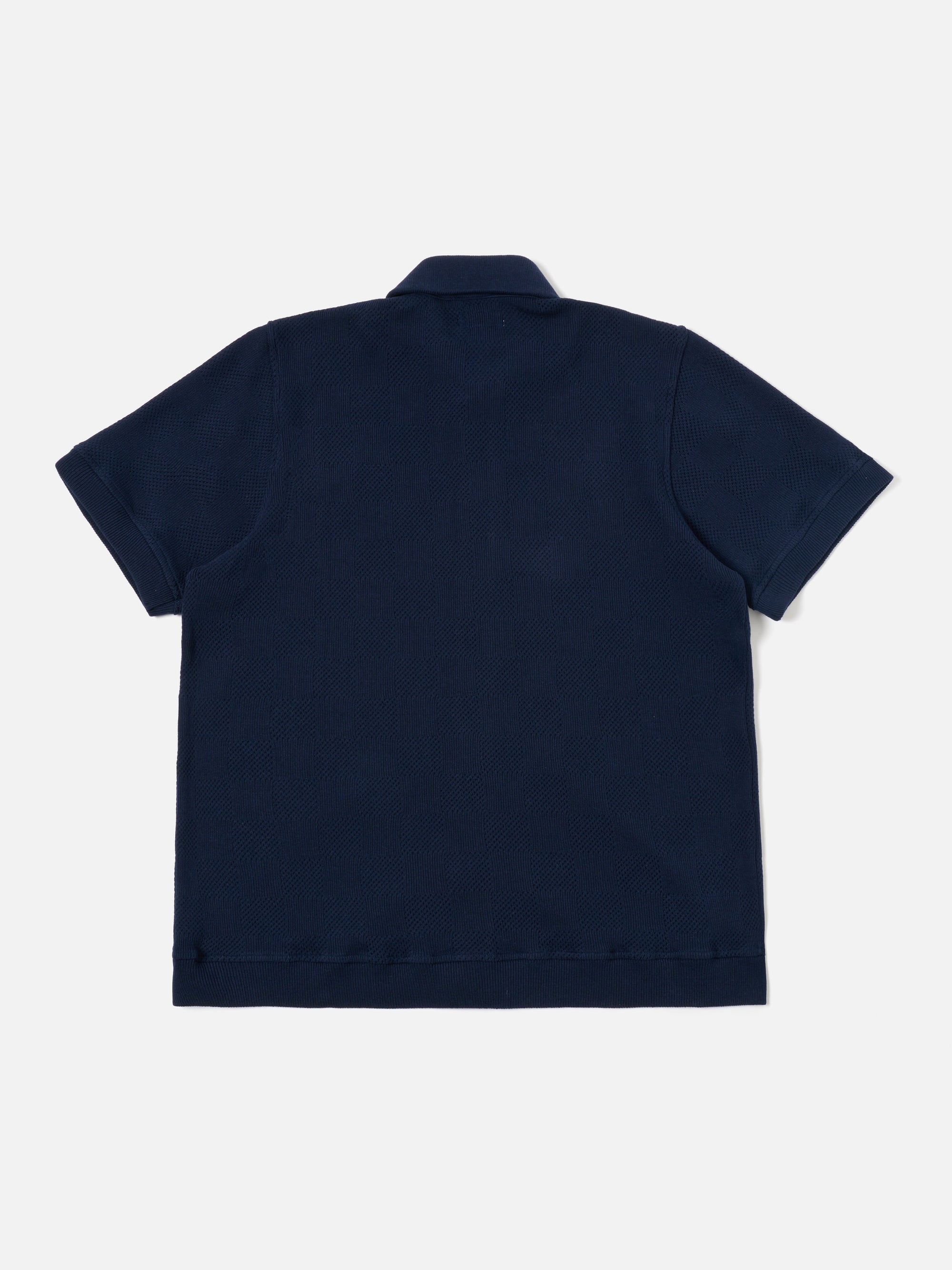 Universal Works Button Through Polo in Bright Navy Fantasy Checkerboard