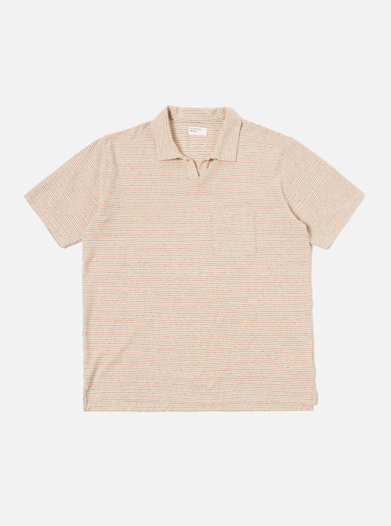 Universal Works Vacation Polo in Ecru Stripe Lincot Stripe Jersey