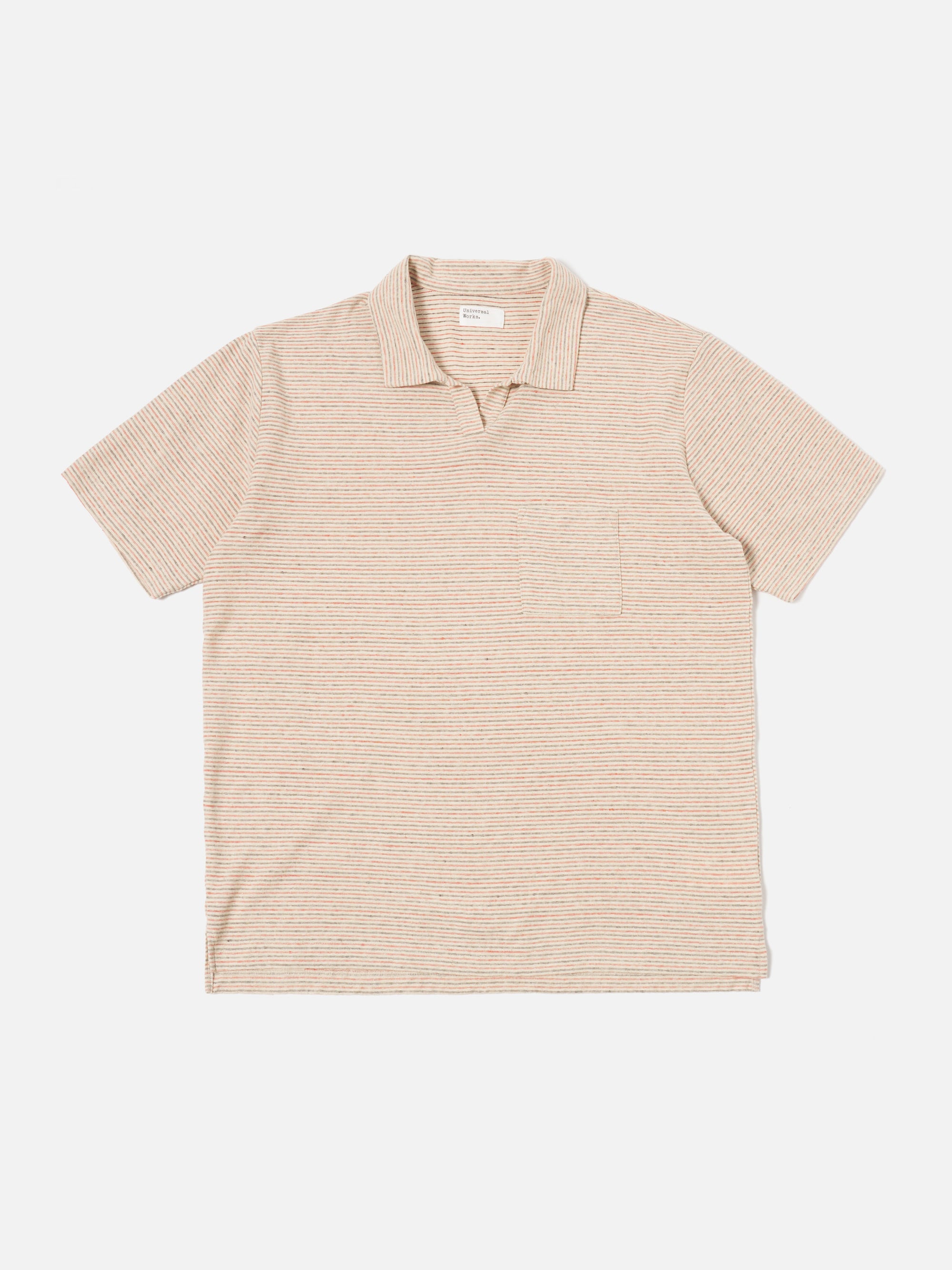 Universal Works Vacation Polo in Ecru Stripe Lincot Stripe Jersey