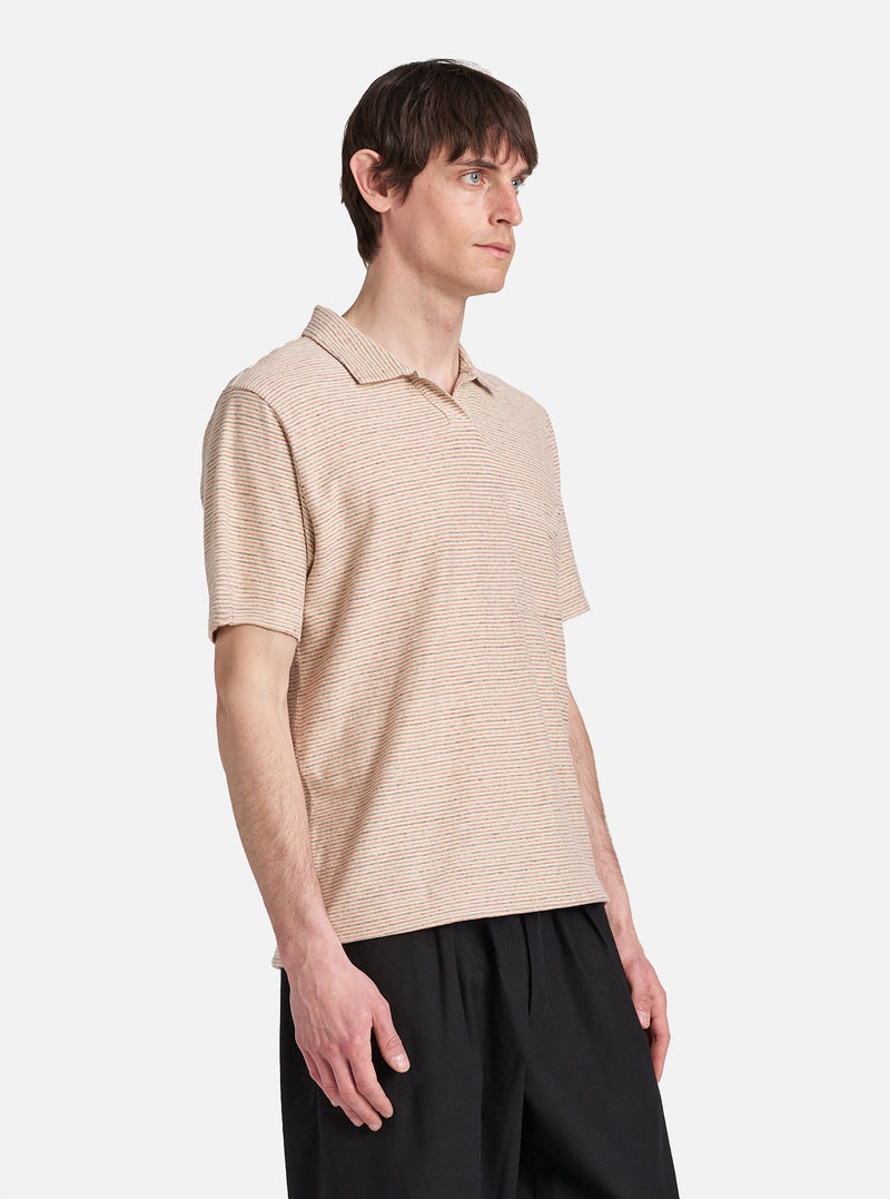 Universal Works Vacation Polo in Ecru Stripe Lincot Stripe Jersey