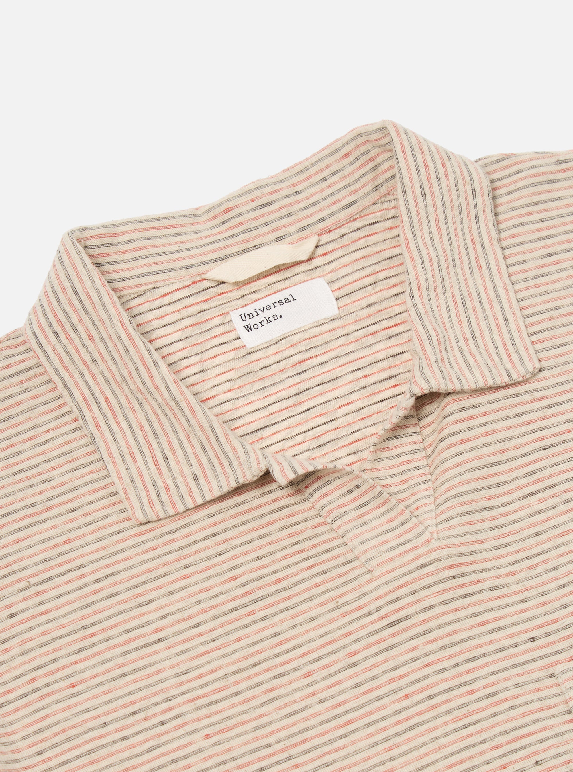 Universal Works Vacation Polo in Ecru Stripe Lincot Stripe Jersey