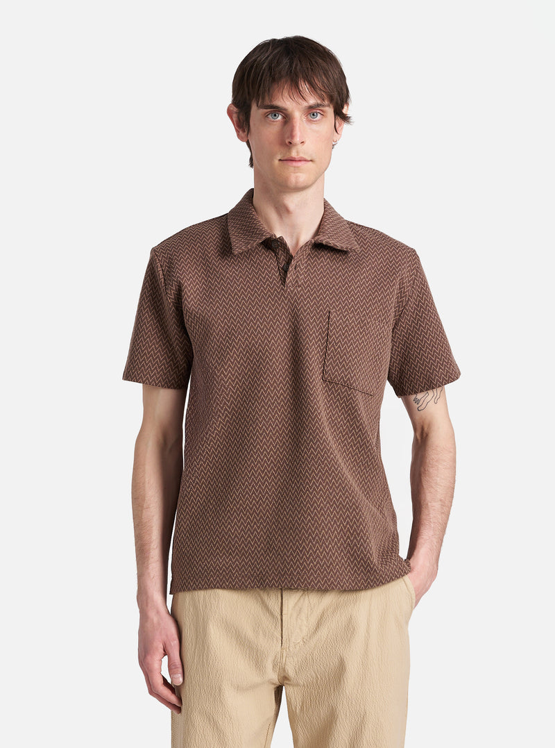 Universal Works Newlyn Polo in Brown Zig Zag Jersey