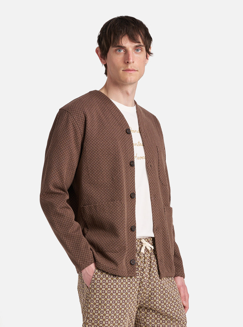 Universal Works Cardigan in Brown Zig Zag Jersey