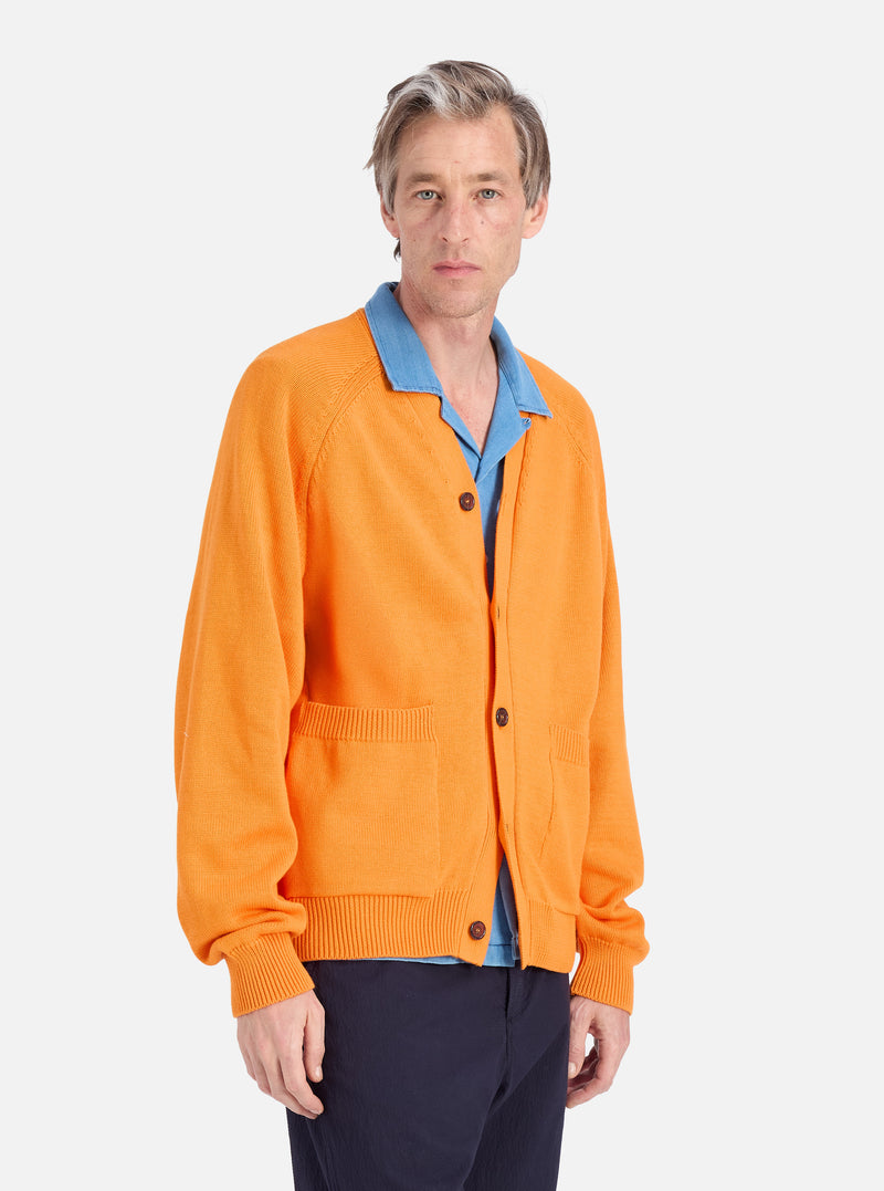 Universal Works Pocket David Cardigan in Orange Cotton Knit