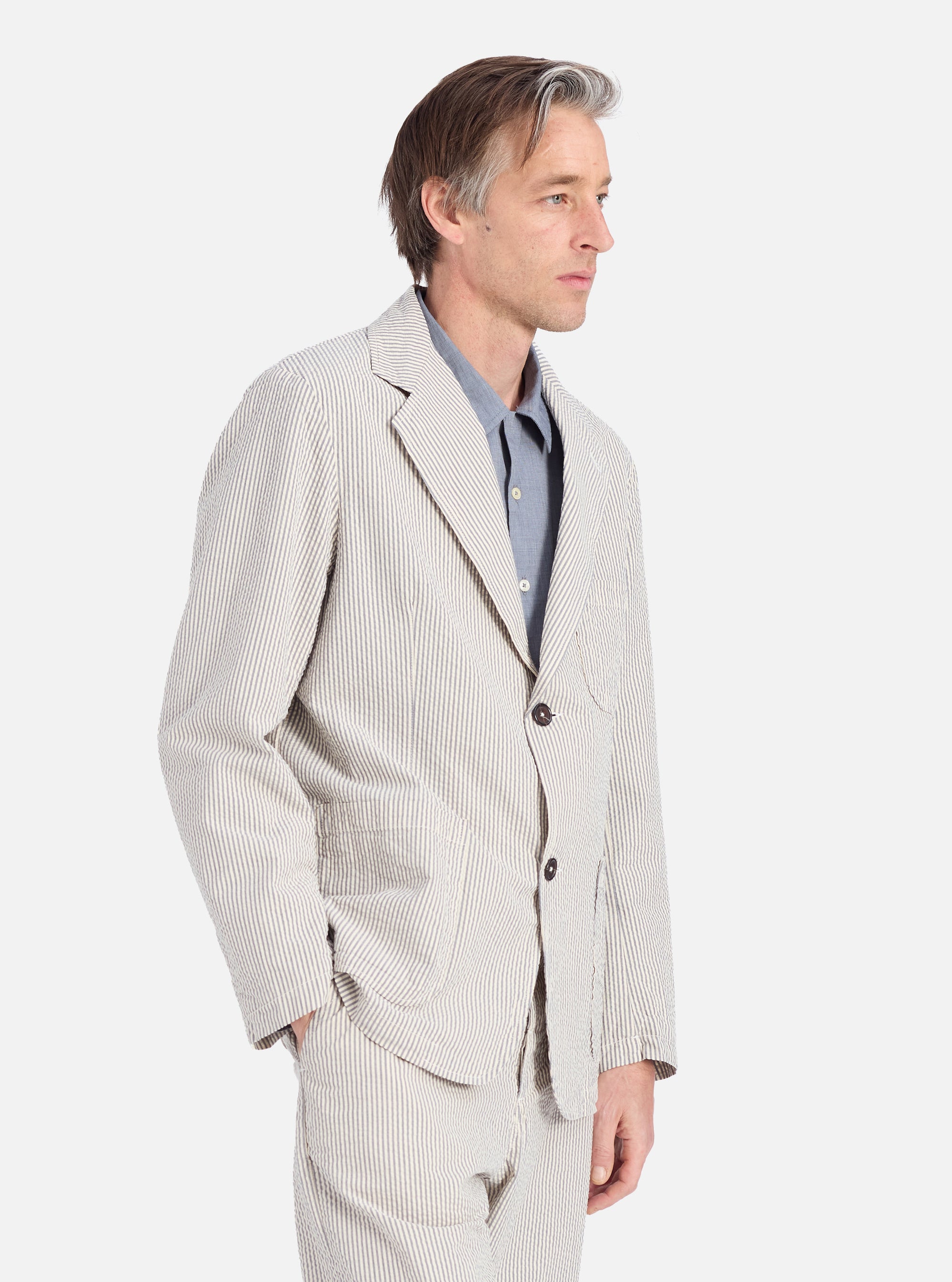 Universal Works Two Button Jacket in Grey Derby Stripe