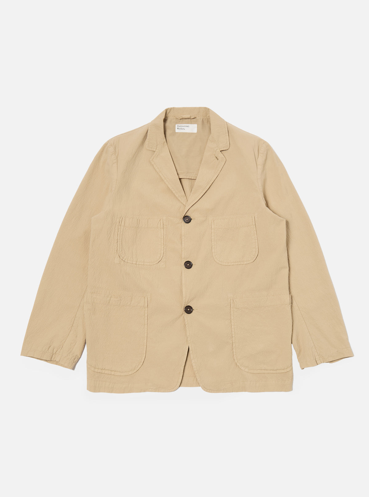 Universal Works Five Pocket Jacket in Sand Seersucker II