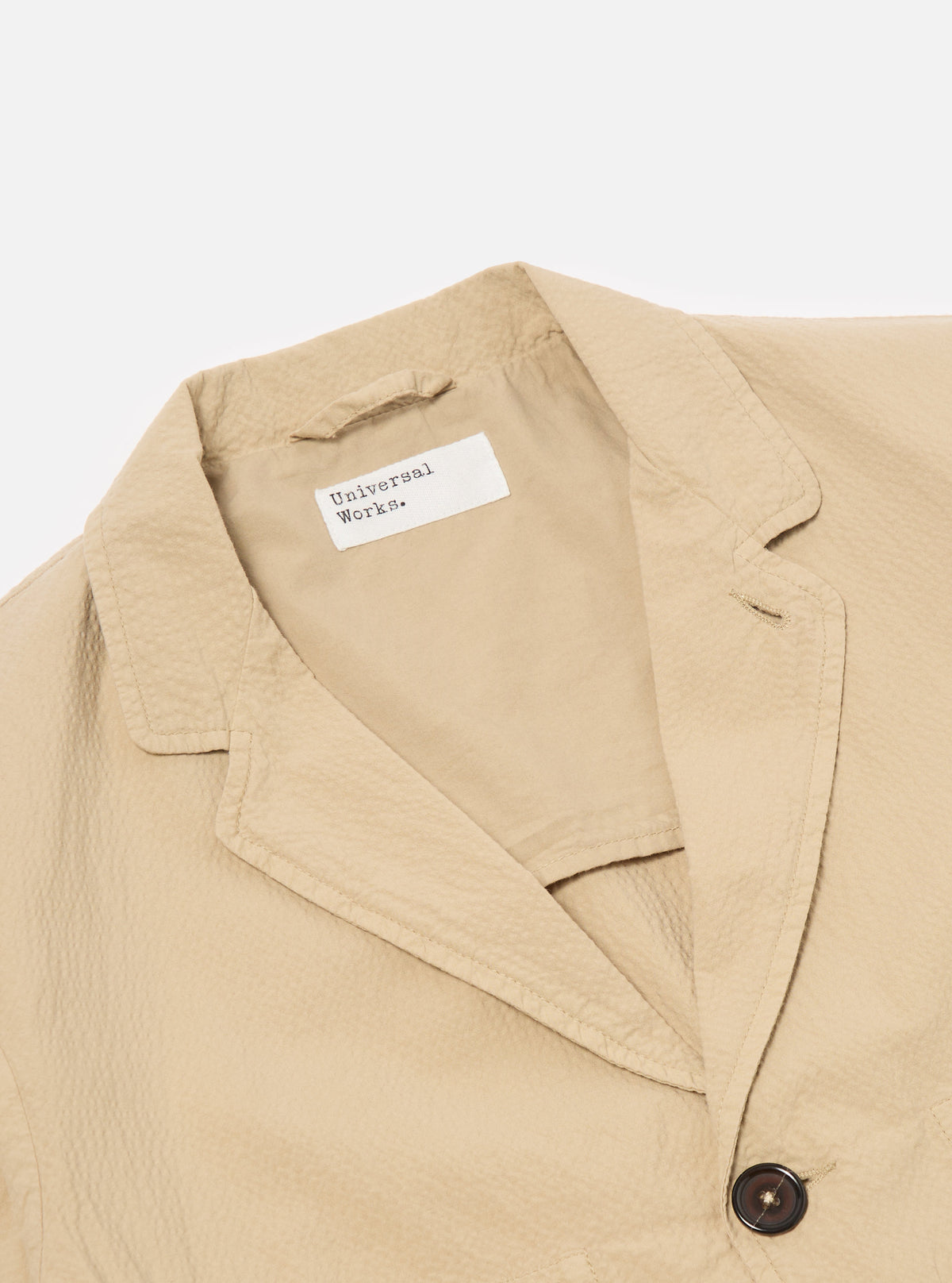 Universal Works Five Pocket Jacket in Sand Seersucker II