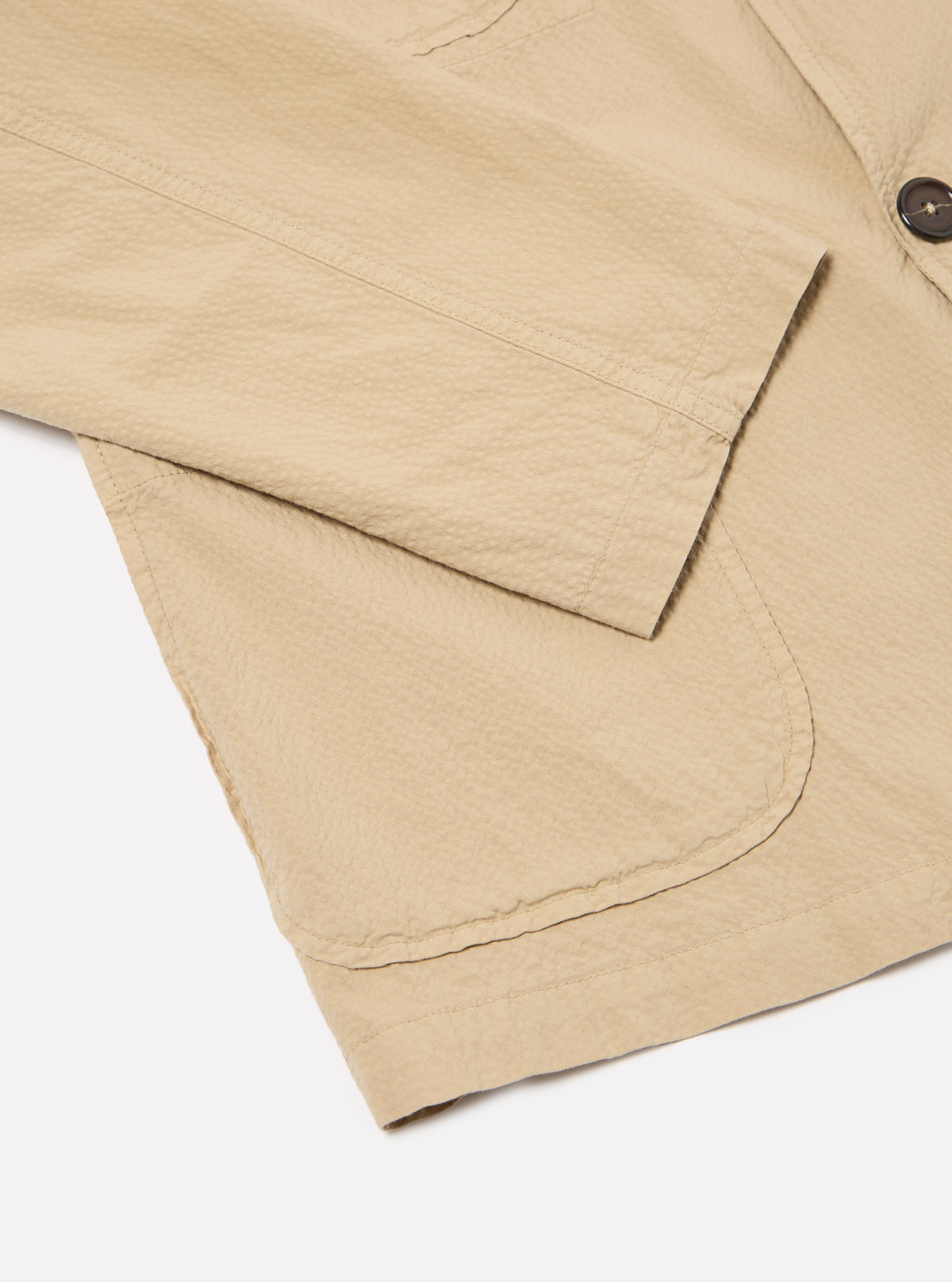 Universal Works Five Pocket Jacket in Sand Seersucker II