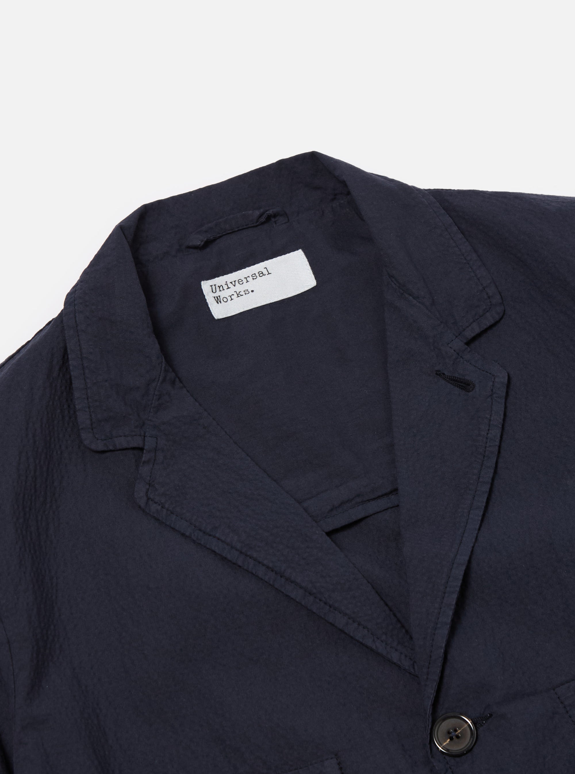 Universal Works Five Pocket Jacket in Navy Seersucker II