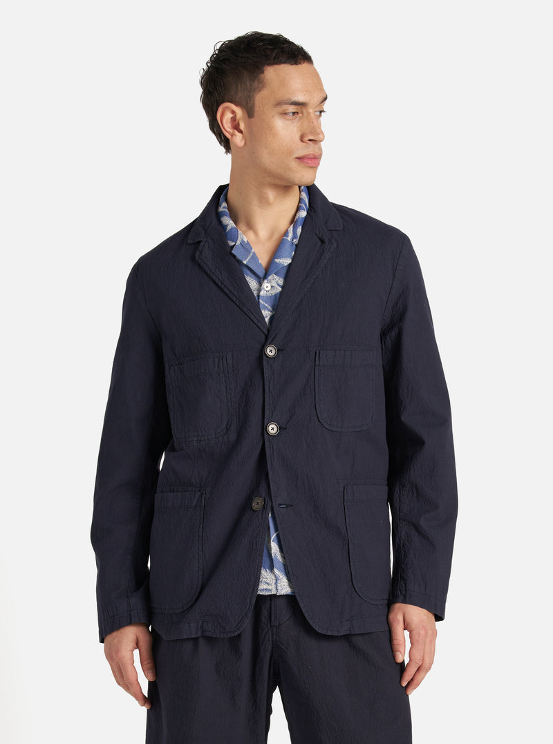 Universal Works Five Pocket Jacket in Navy Seersucker II