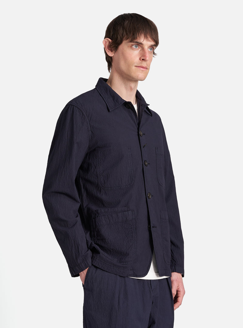 Universal Works Bakers Jacket in Navy Seersucker II