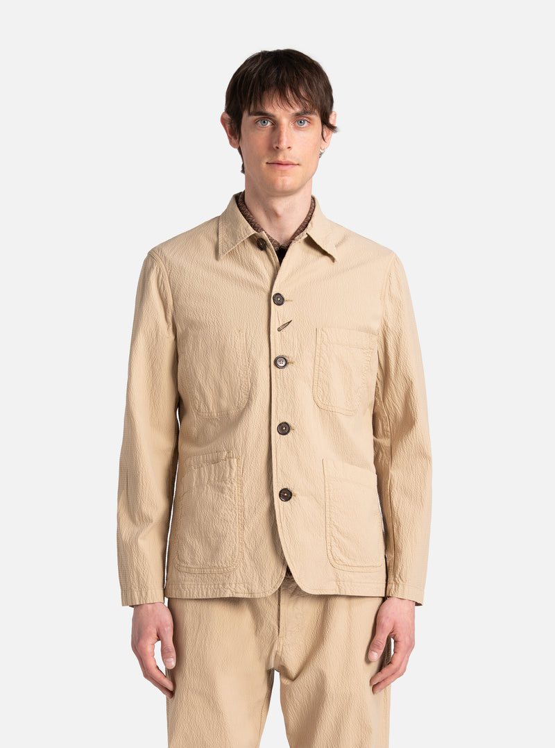Universal Works Bakers Jacket in Sand Seersucker II