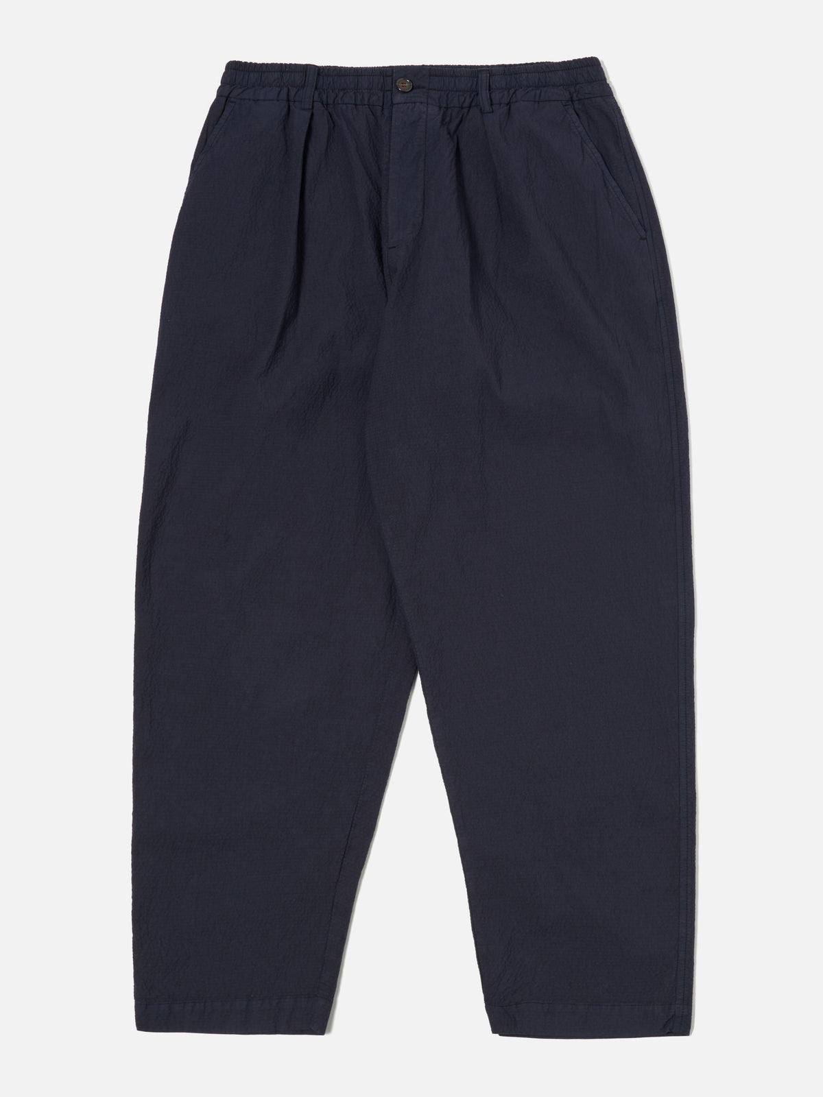 Universal Works Pleated Track Pant in Navy Seersucker II