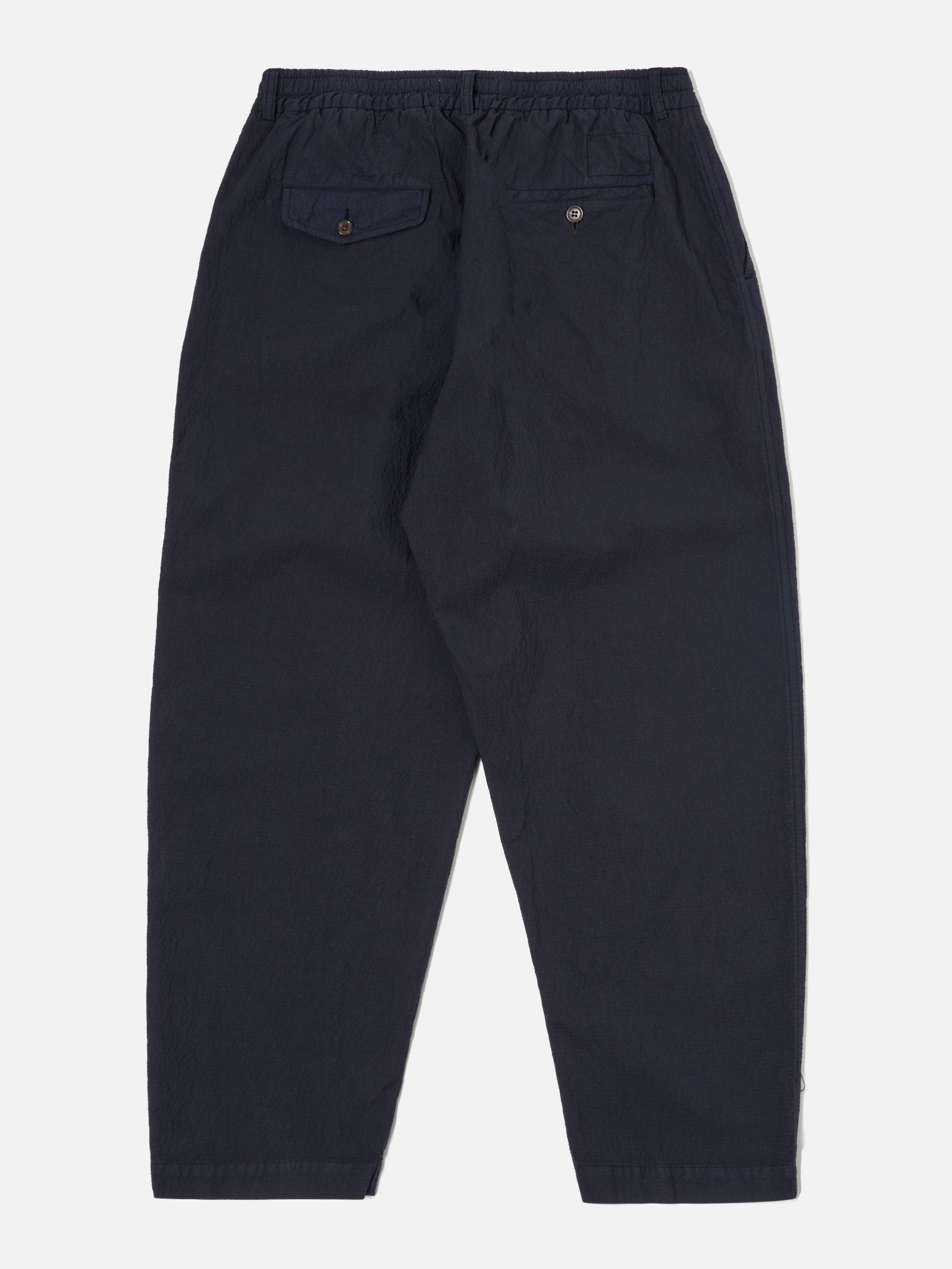 Universal Works Pleated Track Pant in Navy Seersucker II