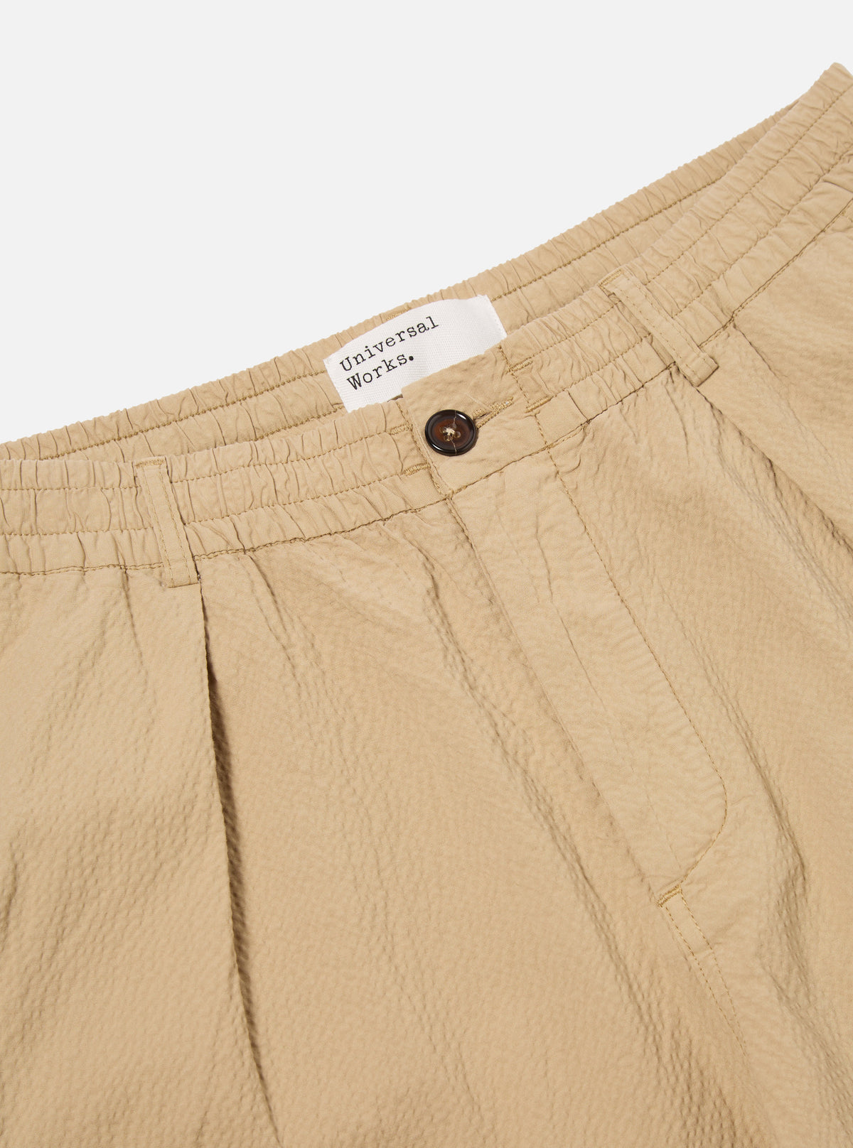 Universal Works Pleated Track Short in Sand Seersucker II