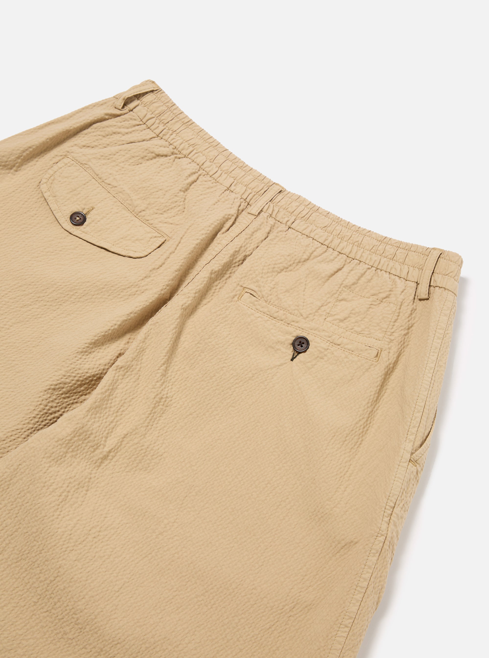 Universal Works Pleated Track Short in Sand Seersucker II