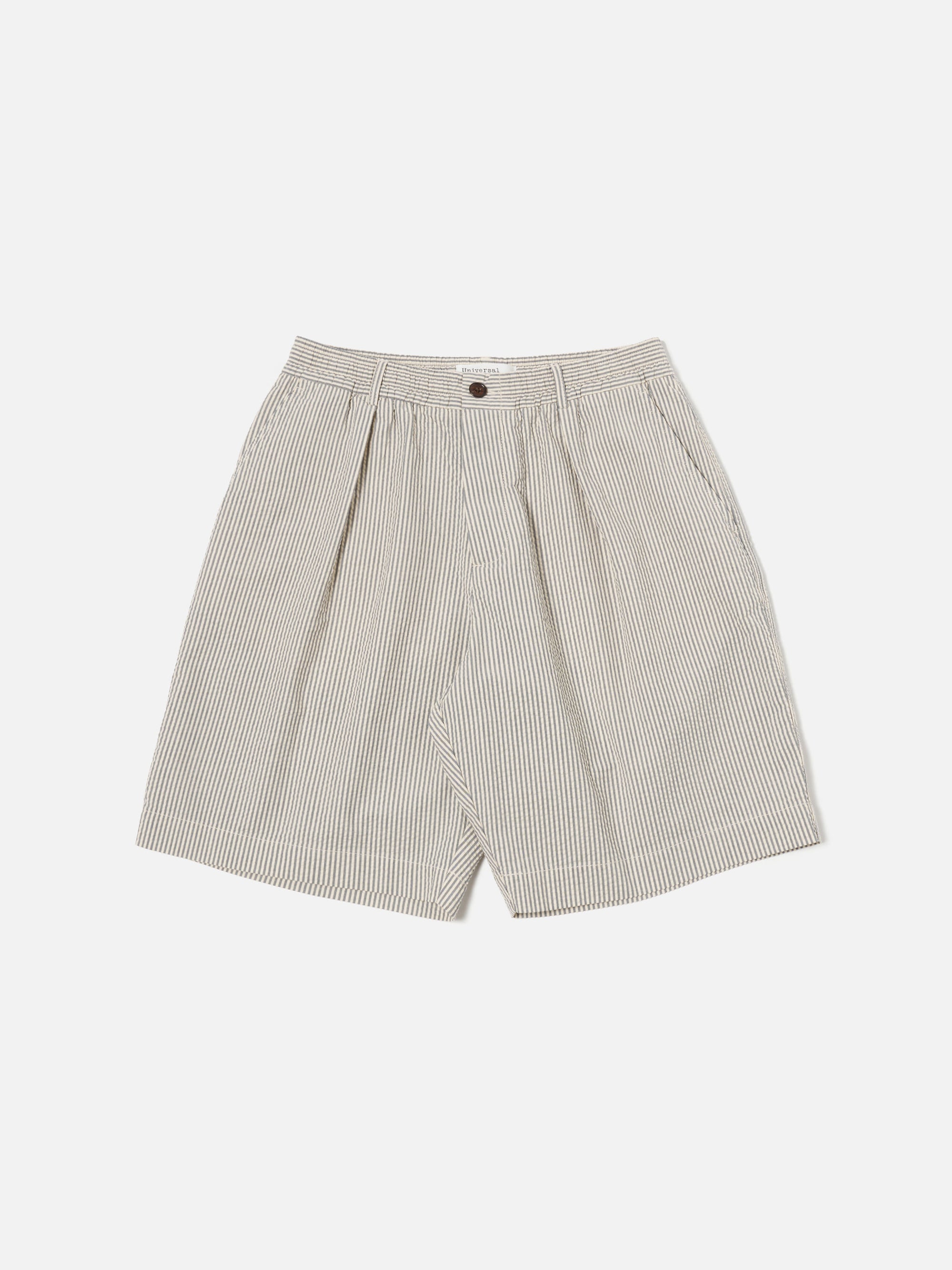 Universal Works Pleated Track Short in Grey Derby Stripe