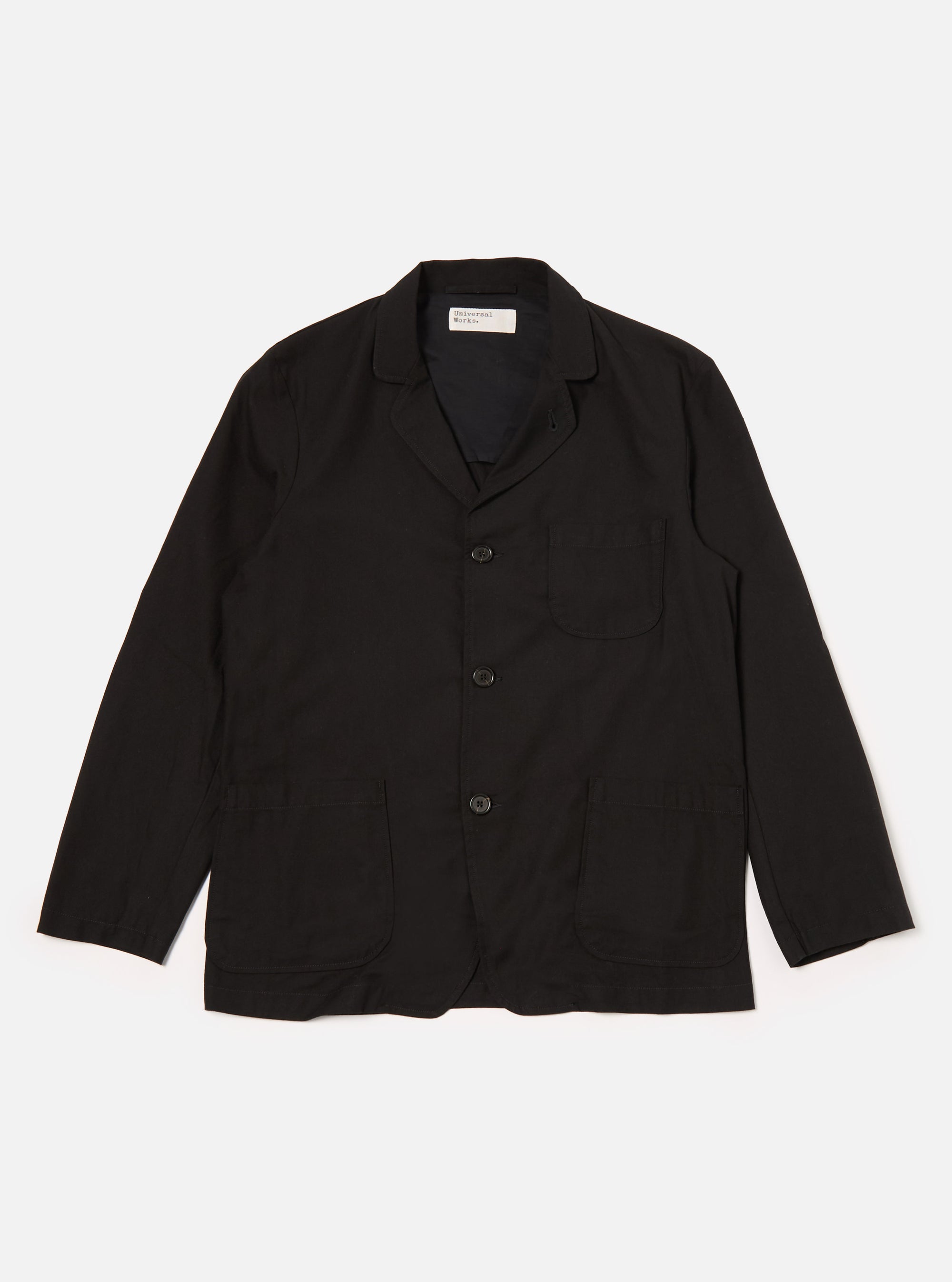 Universal Works Three Button Jacket in Black Valencia Cotton