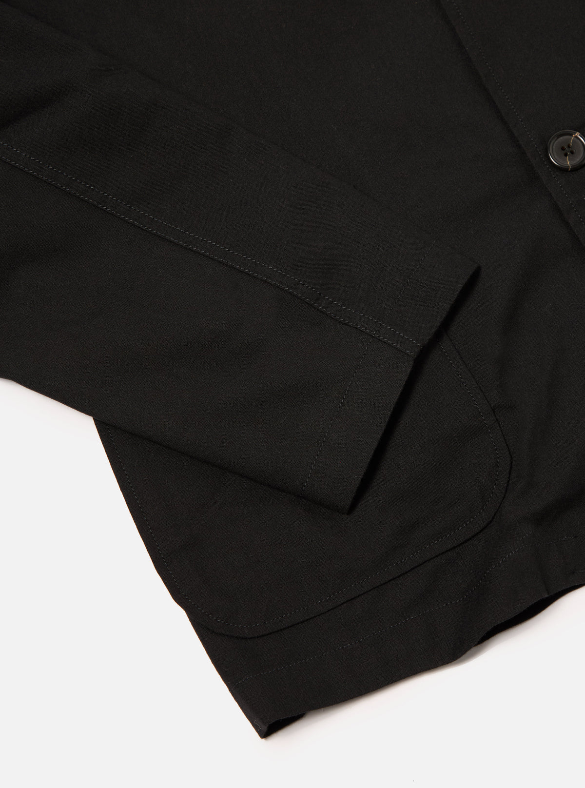 Universal Works Three Button Jacket in Black Valencia Cotton