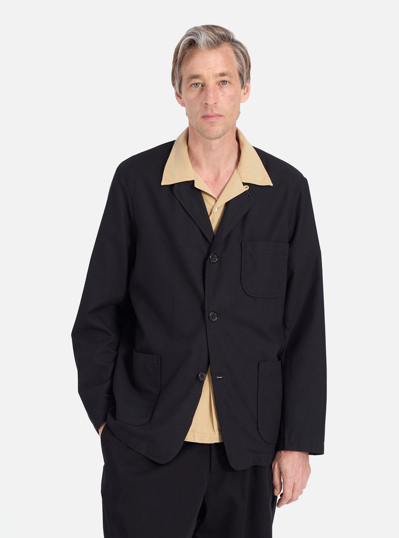 Universal Works Three Button Jacket in Black Valencia Cotton
