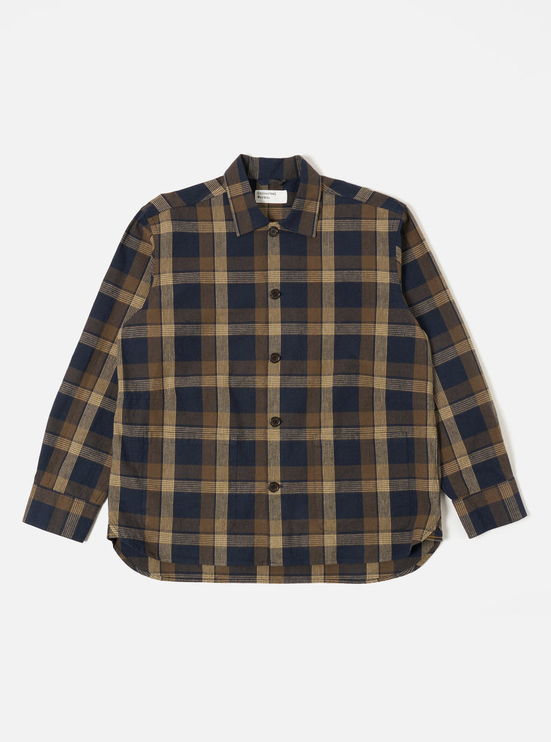 Universal Works Travail Overshirt in Navy/Brown Lincot Big Check