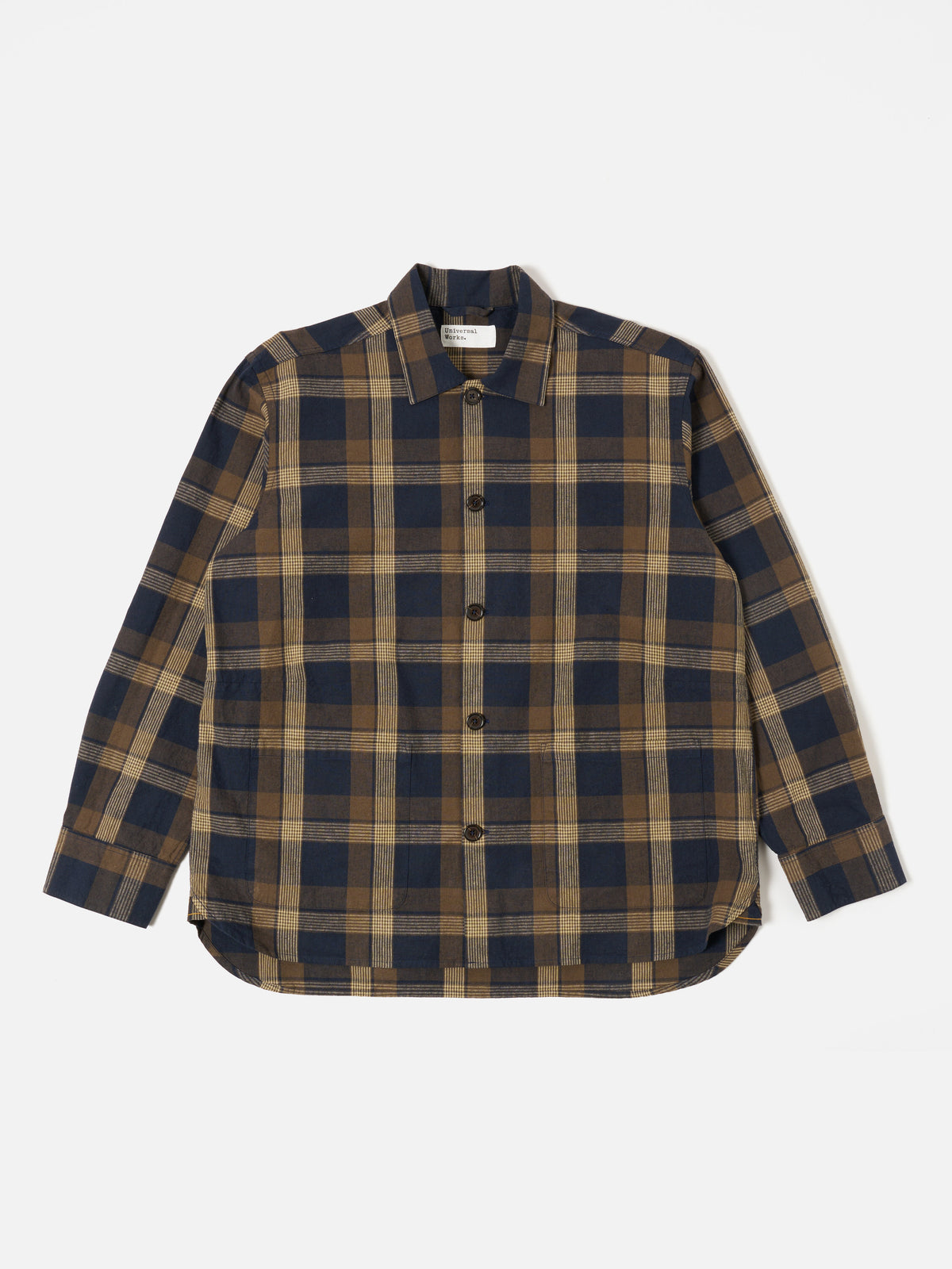 Universal Works Travail Overshirt in Navy/Brown Lincot Big Check