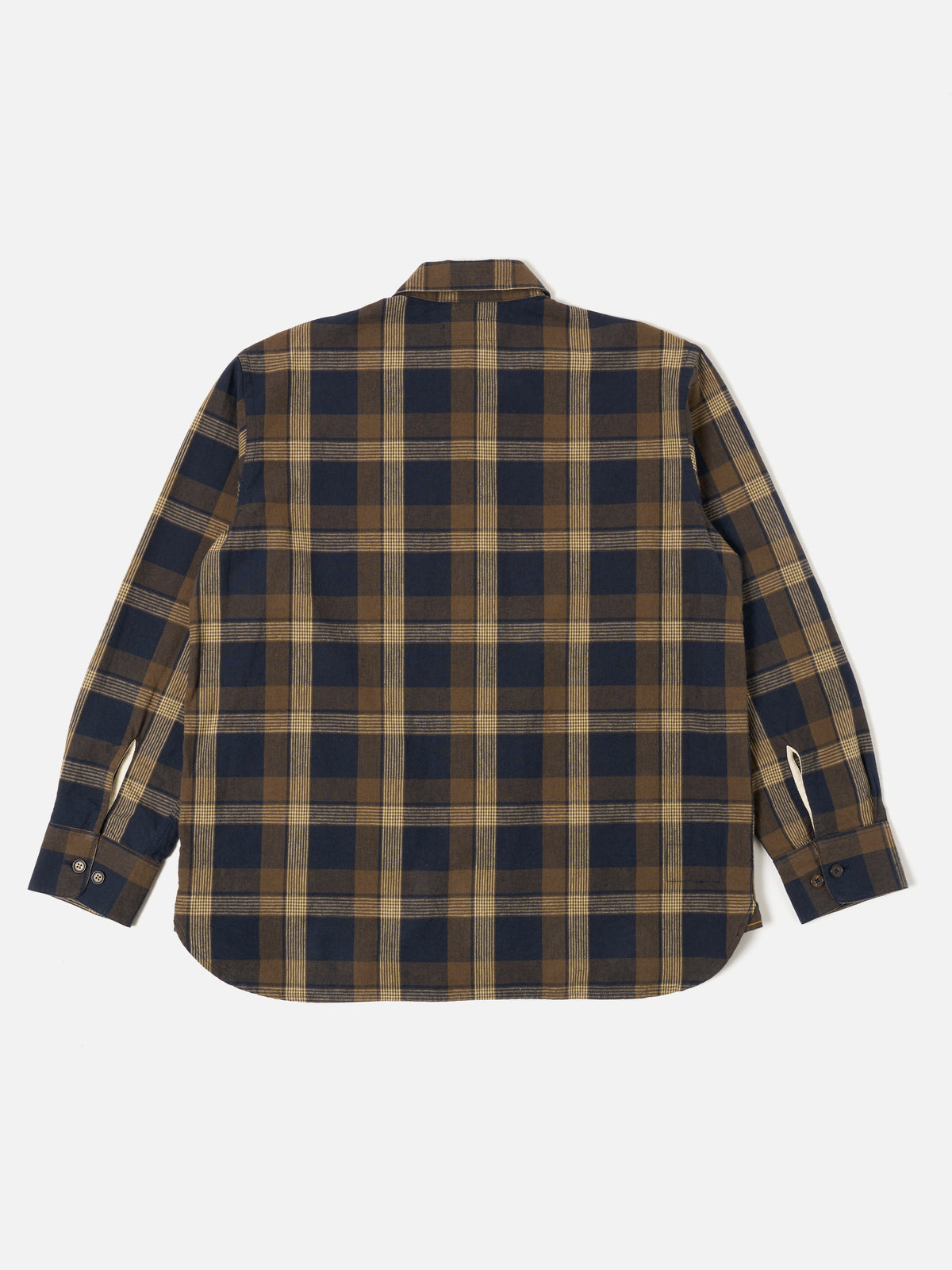 Universal Works Travail Overshirt in Navy/Brown Lincot Big Check