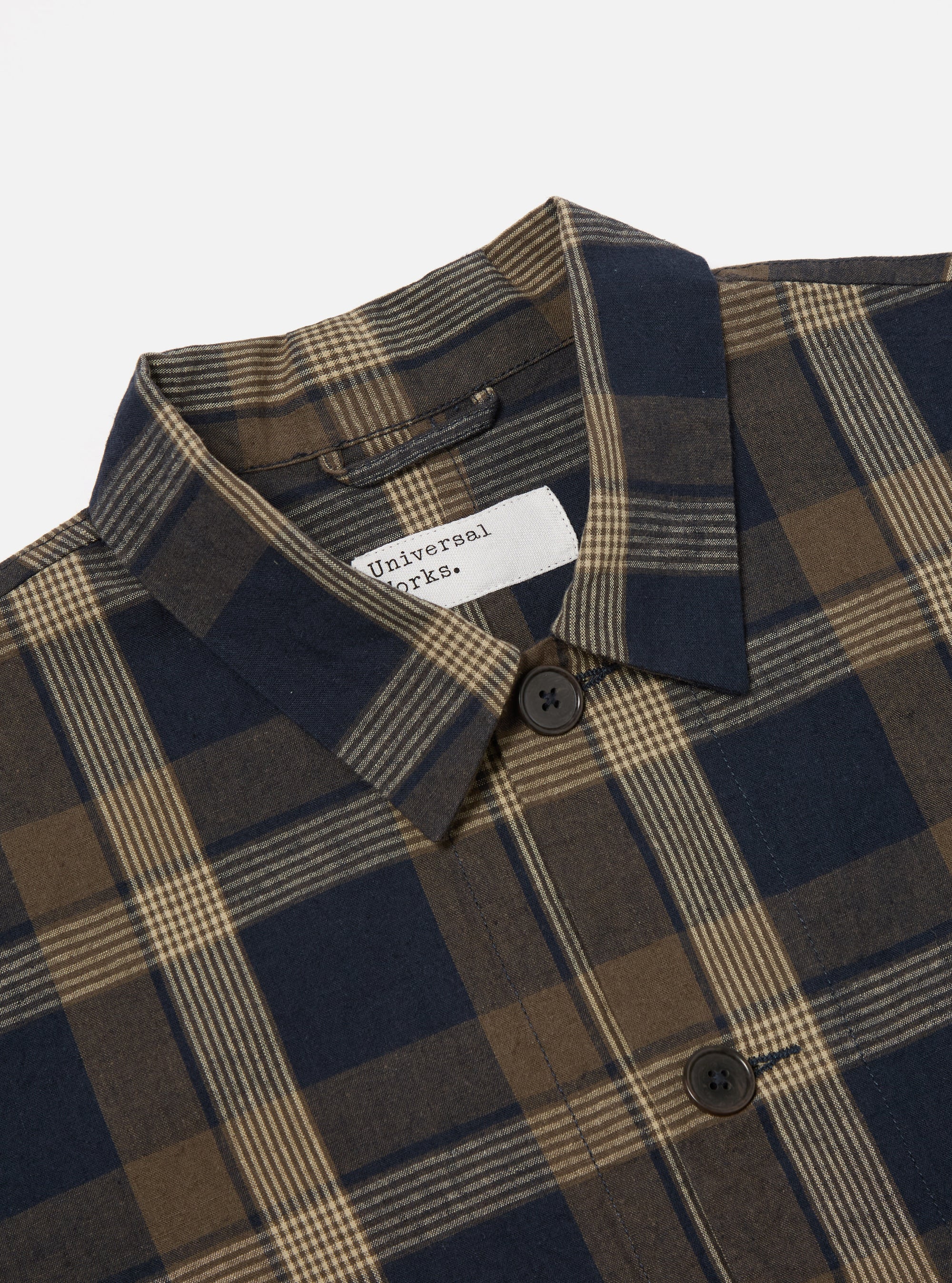 Universal Works Travail Overshirt in Navy/Brown Lincot Big Check