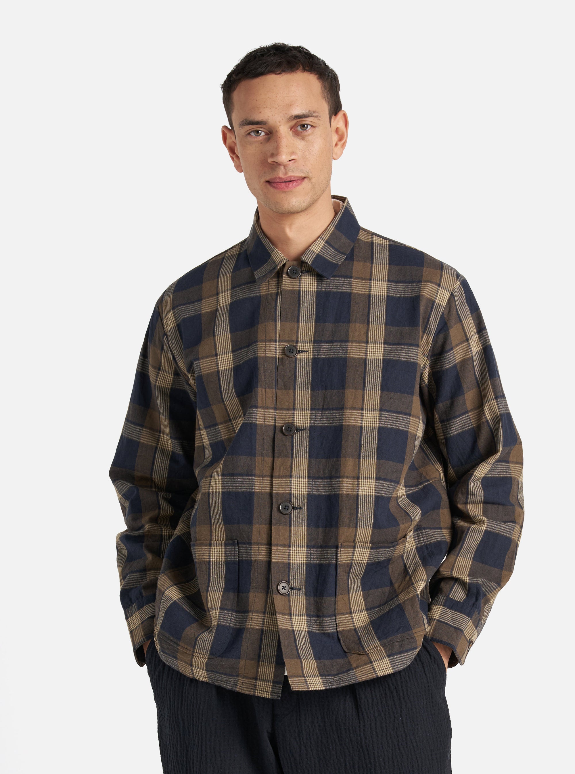 Universal Works Travail Overshirt in Navy/Brown Lincot Big Check