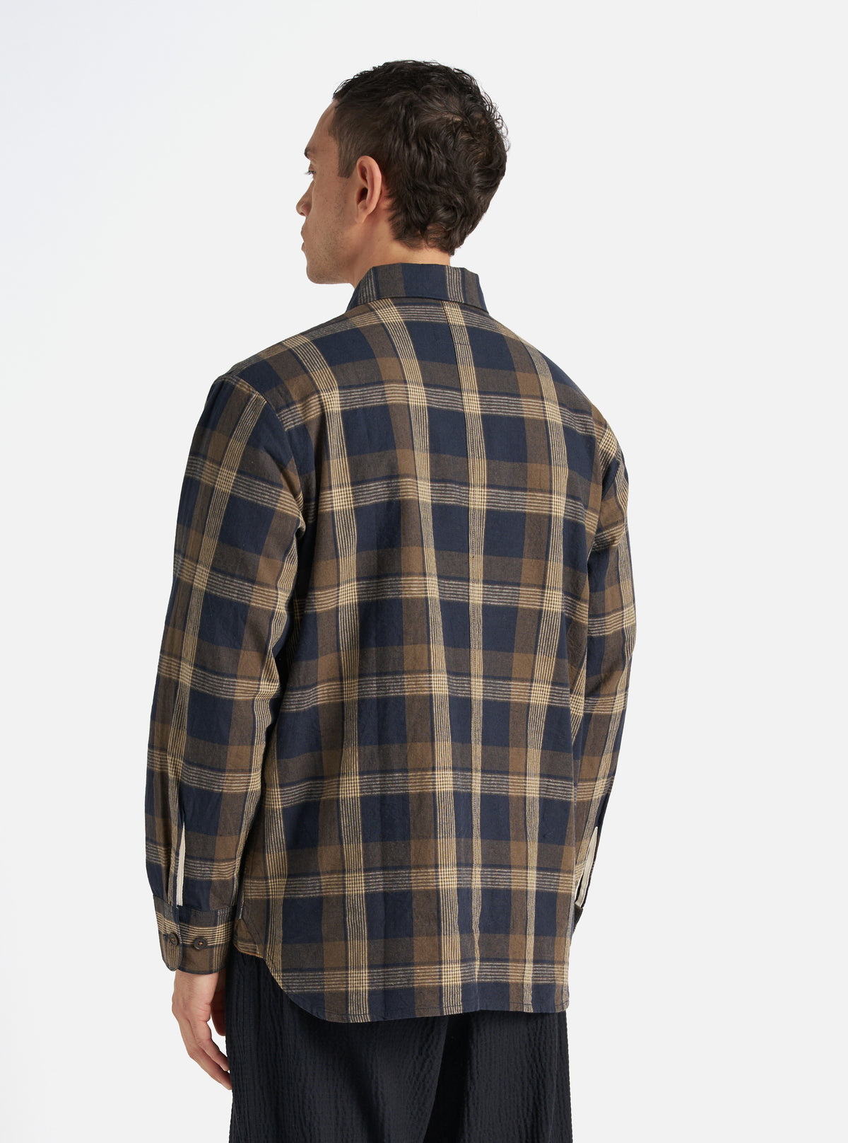 Universal Works Travail Overshirt in Navy/Brown Lincot Big Check