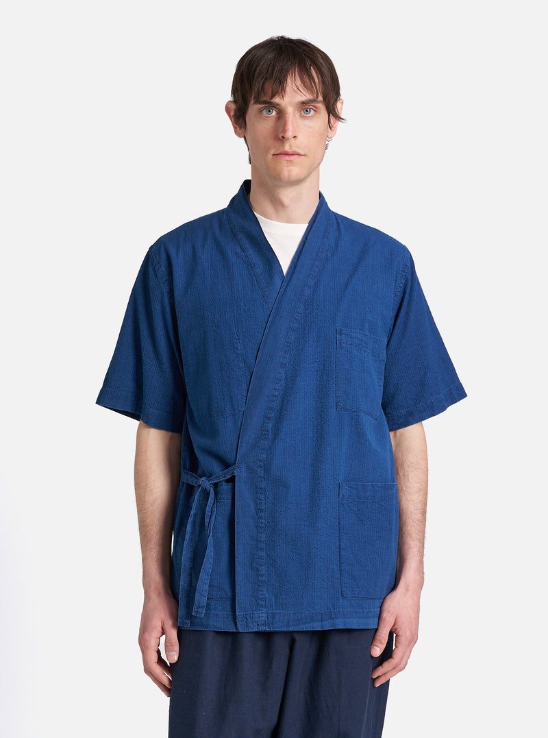 Universal Works S/S Kyoto Shirt in Washed Indigo Seersucker