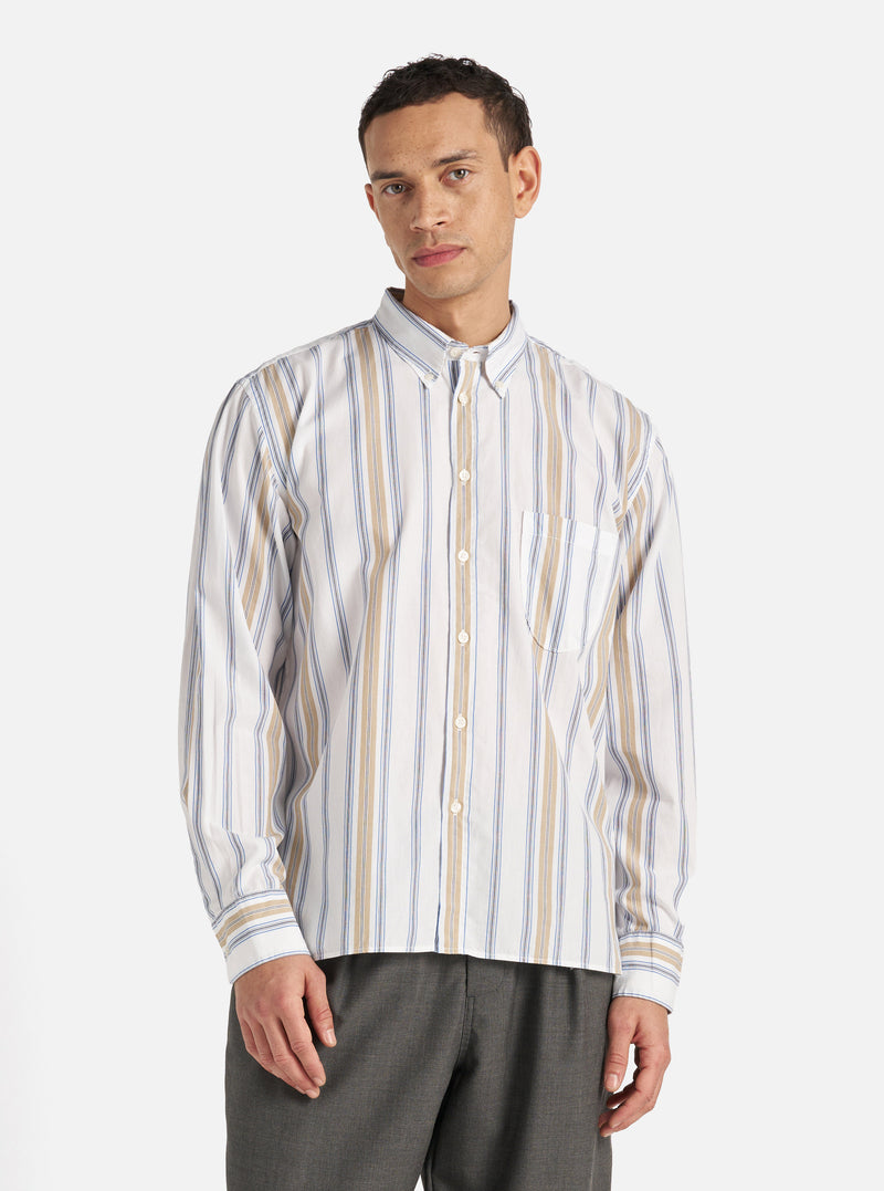 Universal Works Lazy Day Shirt in Blue/Sand Pop Stripe Three