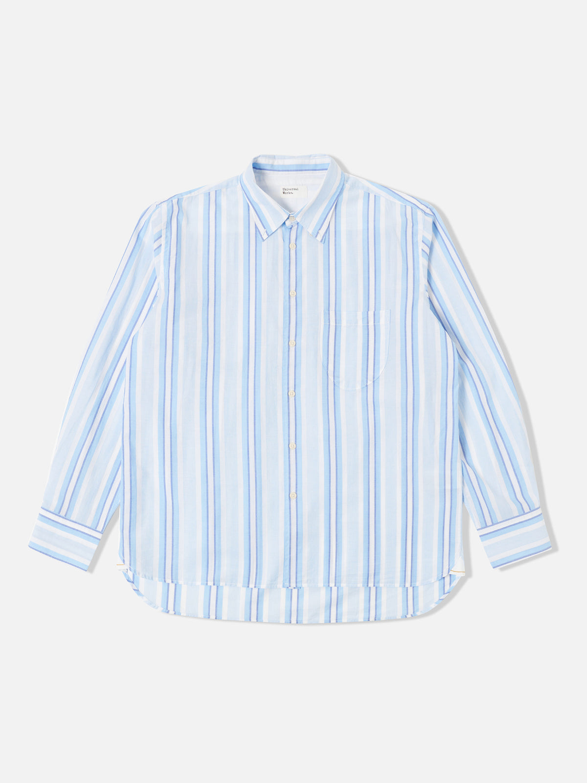 Universal Works Lazy Day Shirt in White/Blue Pop Stripe Two