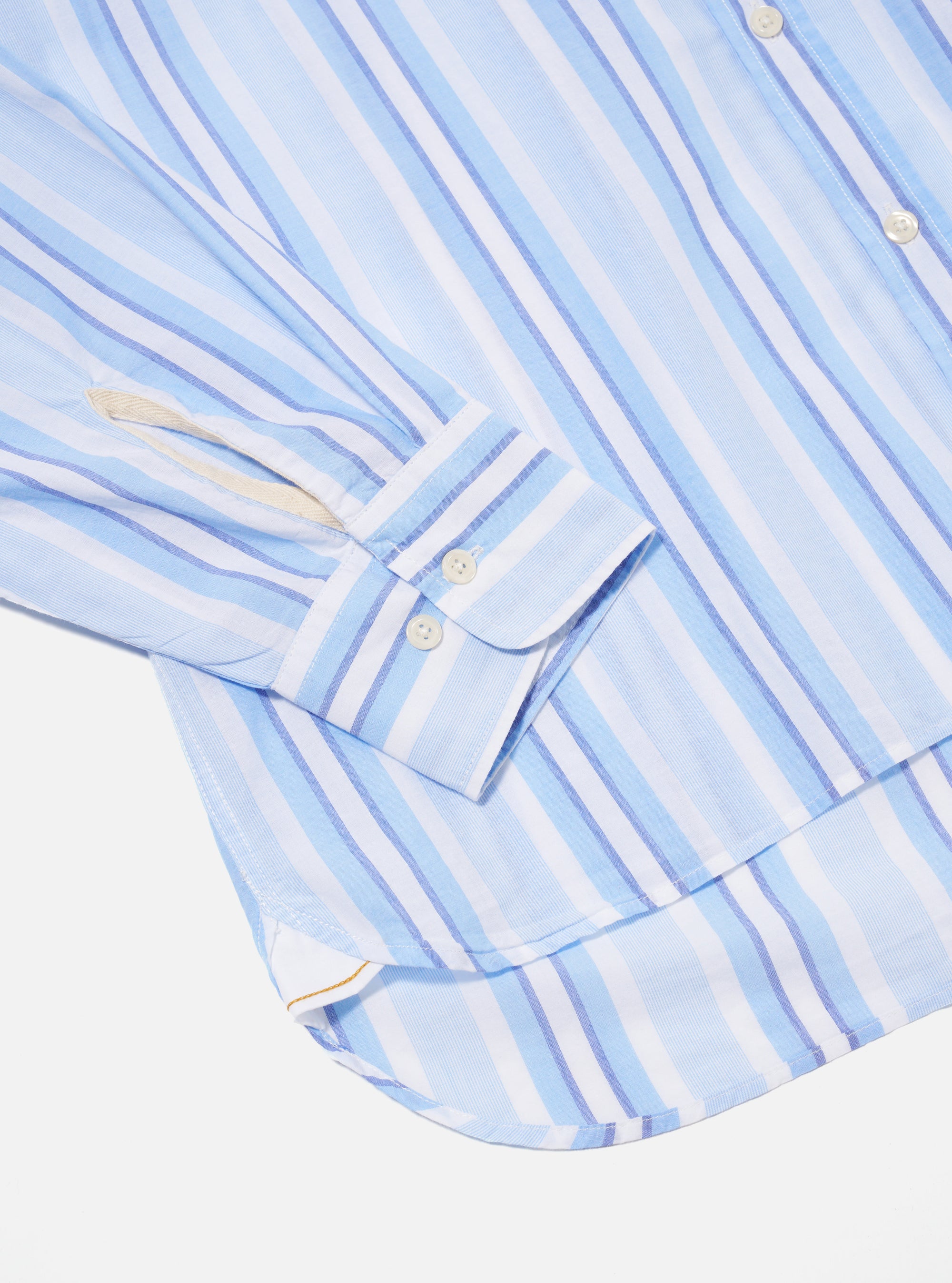 Universal Works Lazy Day Shirt in White/Blue Pop Stripe Two