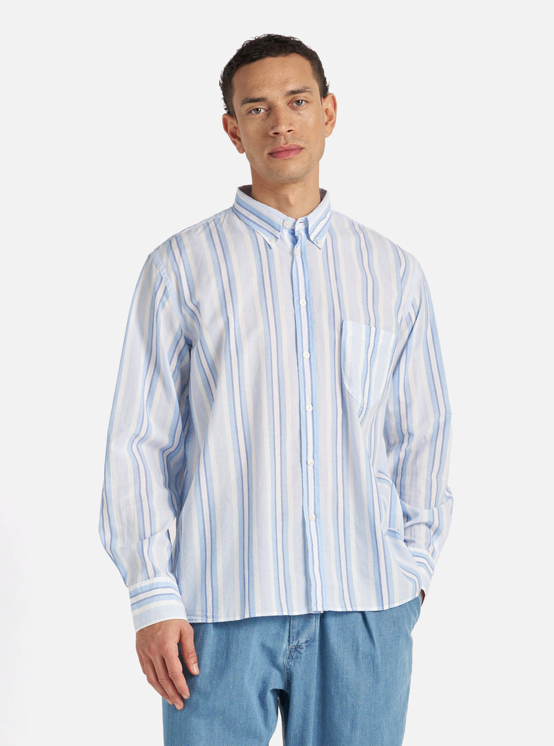 Universal Works Lazy Day Shirt in White/Blue Pop Stripe Two