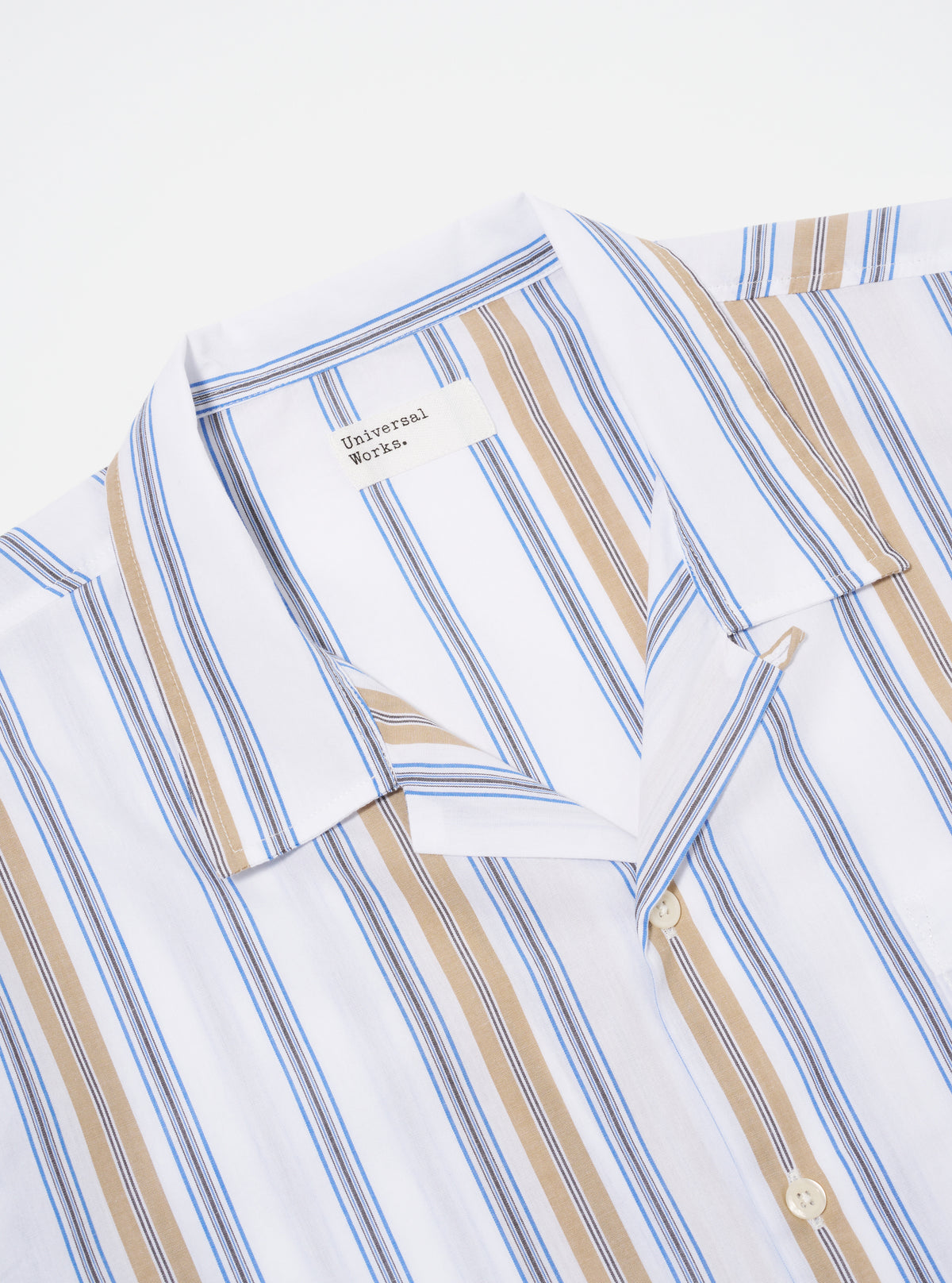 Universal Works Dean Road Shirt in Blue/Sand Pop Stripe Three