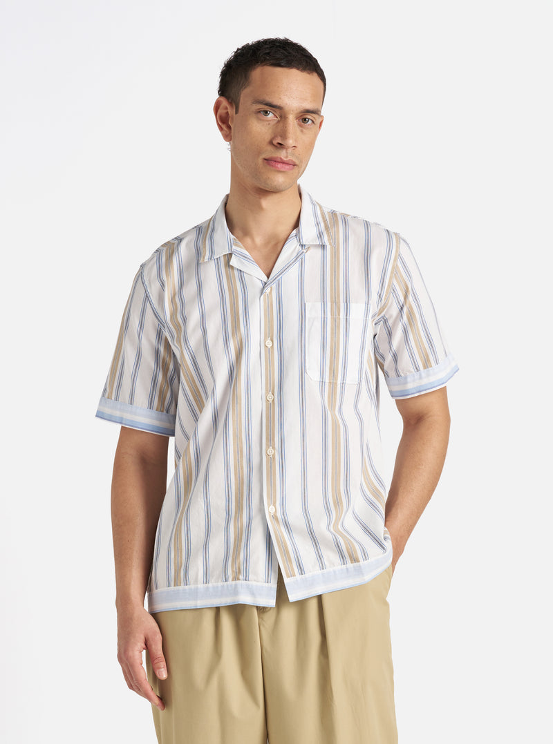 Universal Works Dean Road Shirt in Blue/Sand Pop Stripe Three