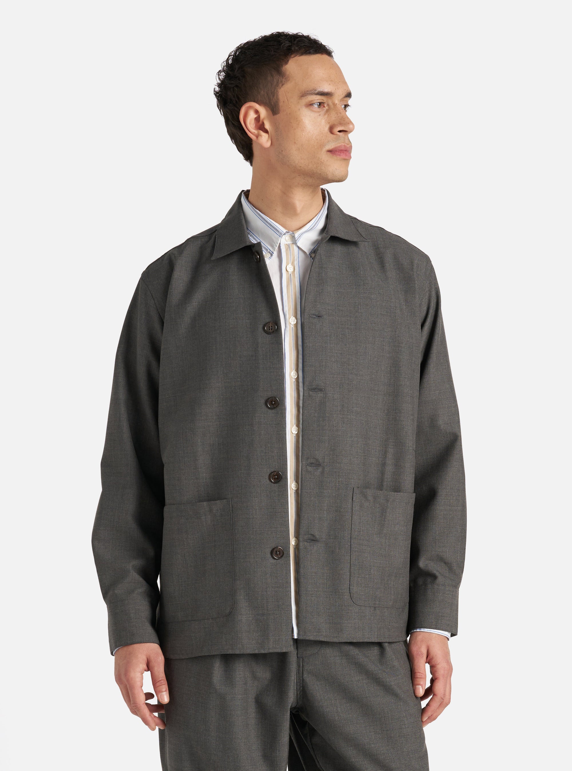 Universal Works Travail Overshirt in Grey Marl Tropical Suiting