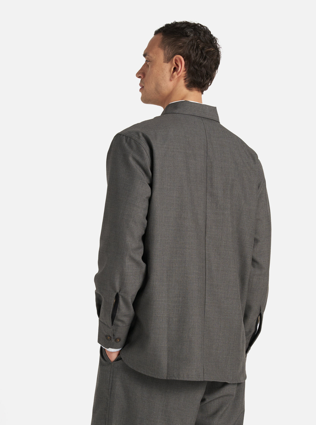 Universal Works Travail Overshirt in Grey Marl Tropical Suiting