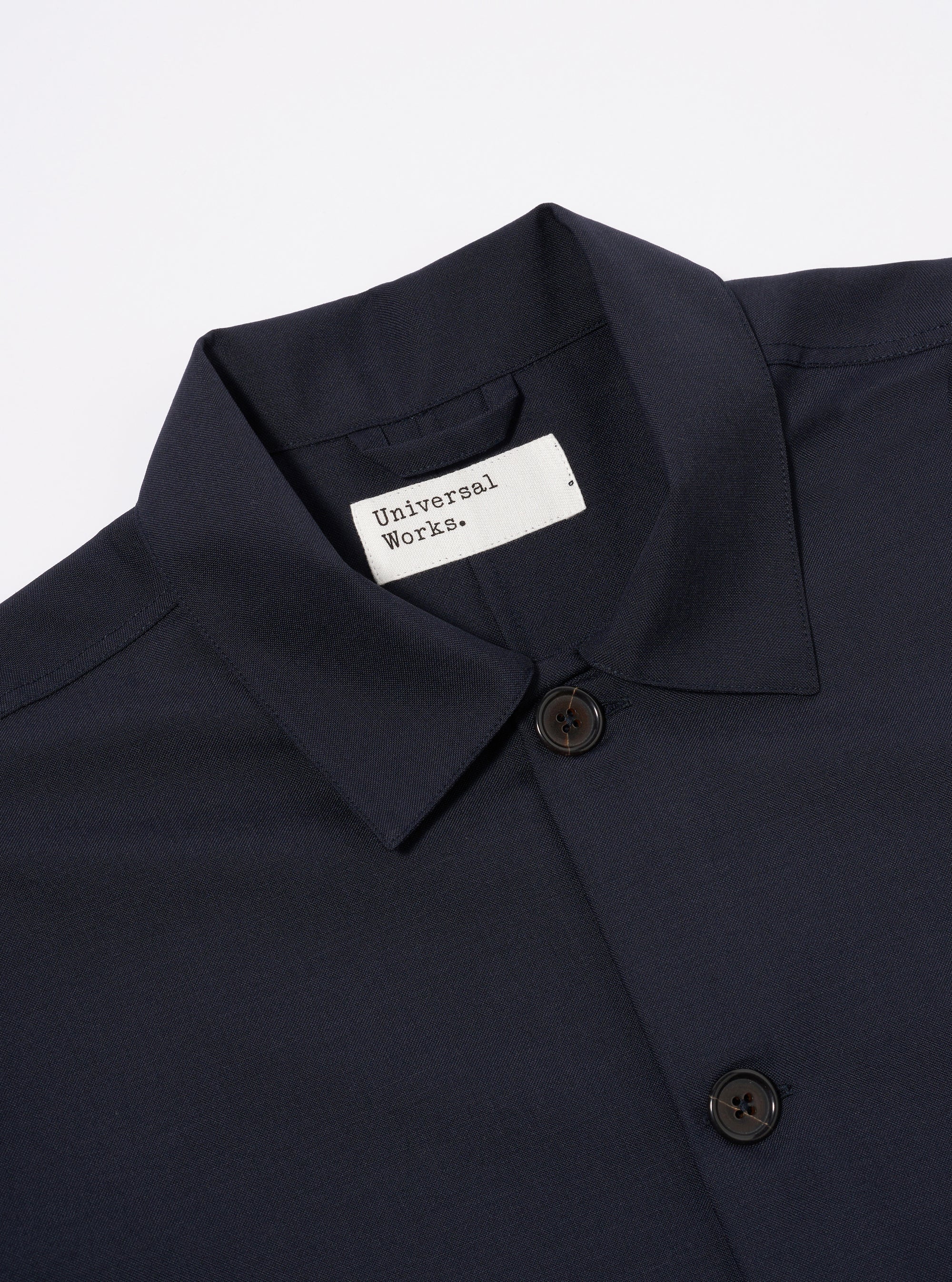 Universal Works Travail Overshirt in Navy Tropical Suiting