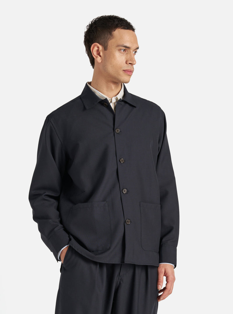 Universal Works Travail Overshirt in Navy Tropical Suiting