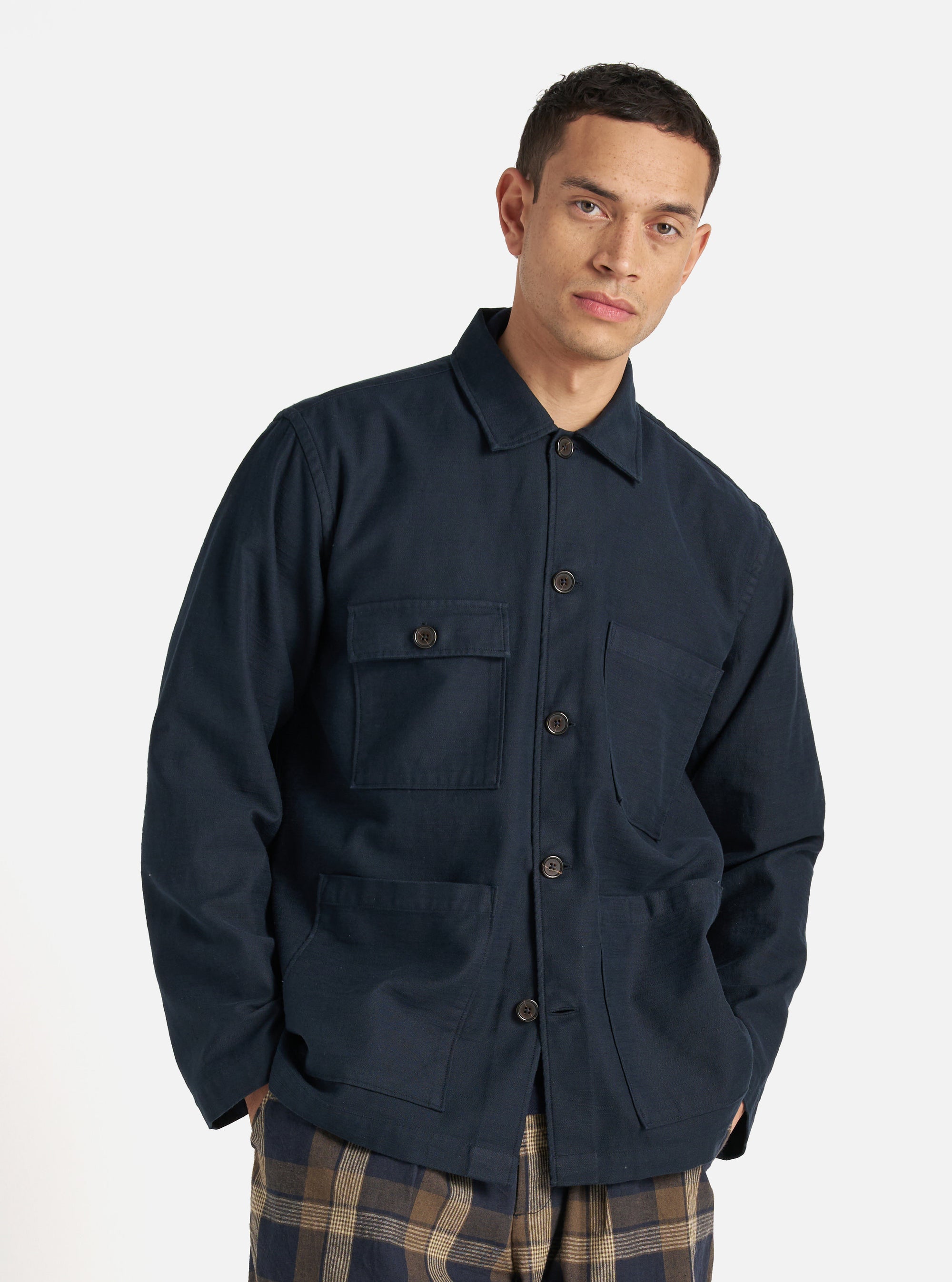 Universal Works Dockside Jacket in Navy Slub Sateen